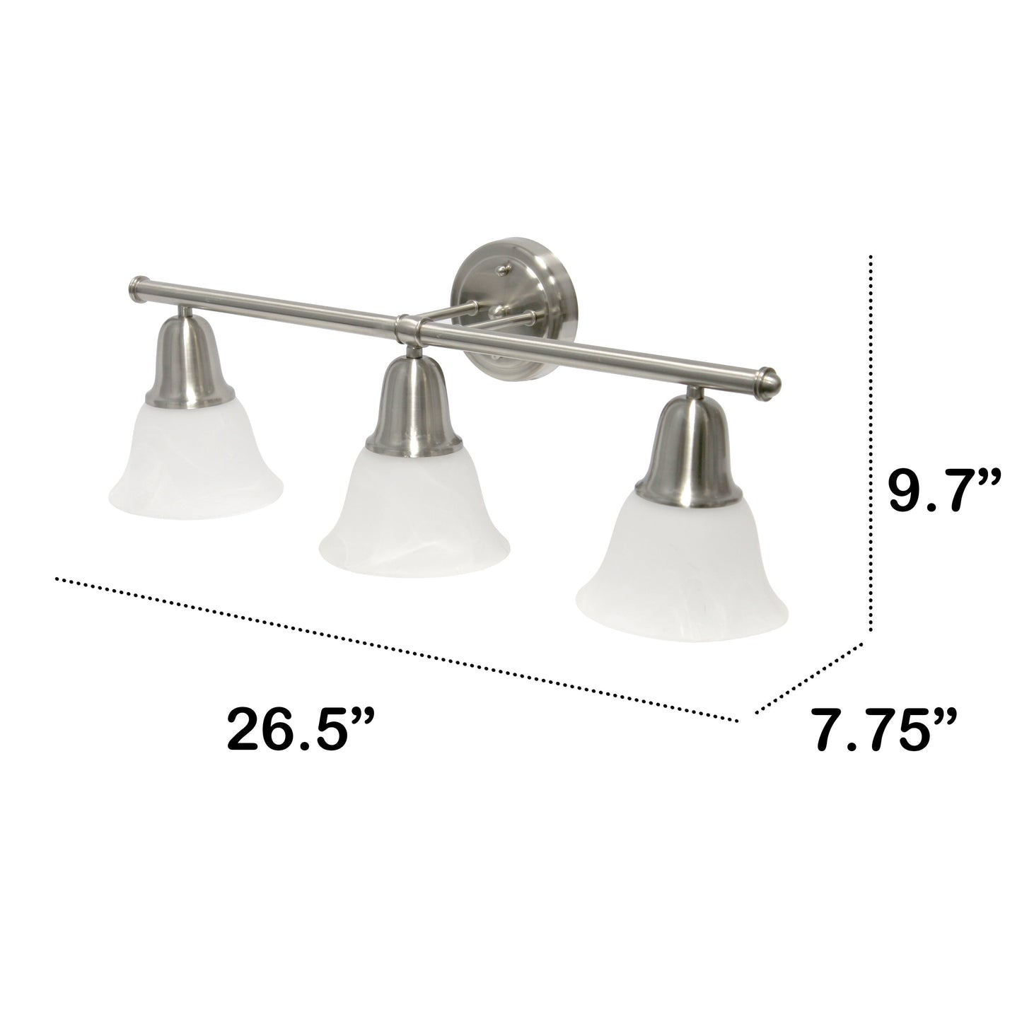 All The Rages Lalia Home Essentix Brushed Nickel 3-Light Vanity Light With Bell-Shaped Alabaster White Glass Shades