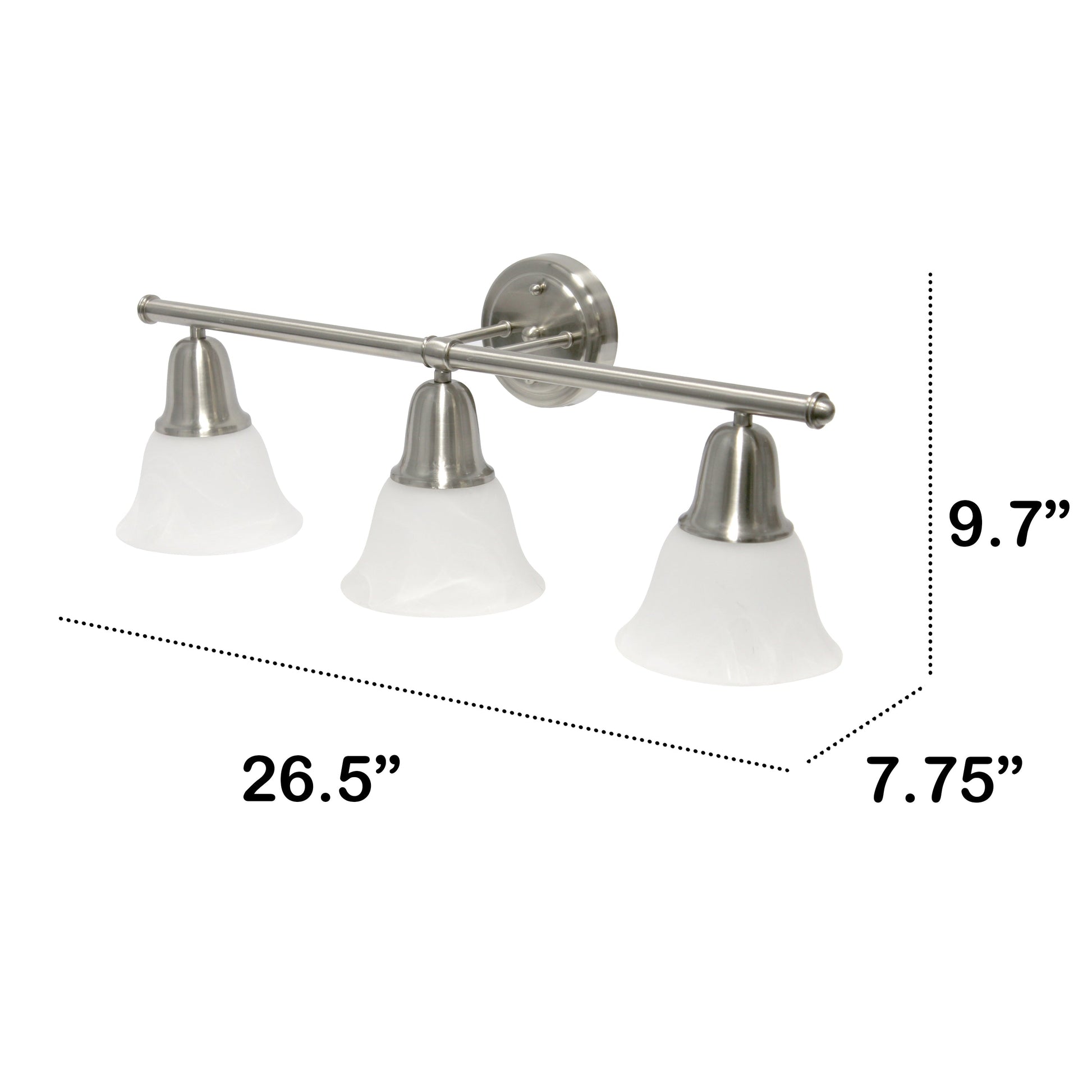 All The Rages Lalia Home Essentix Brushed Nickel 3-Light Vanity Light With Bell-Shaped Alabaster White Glass Shades