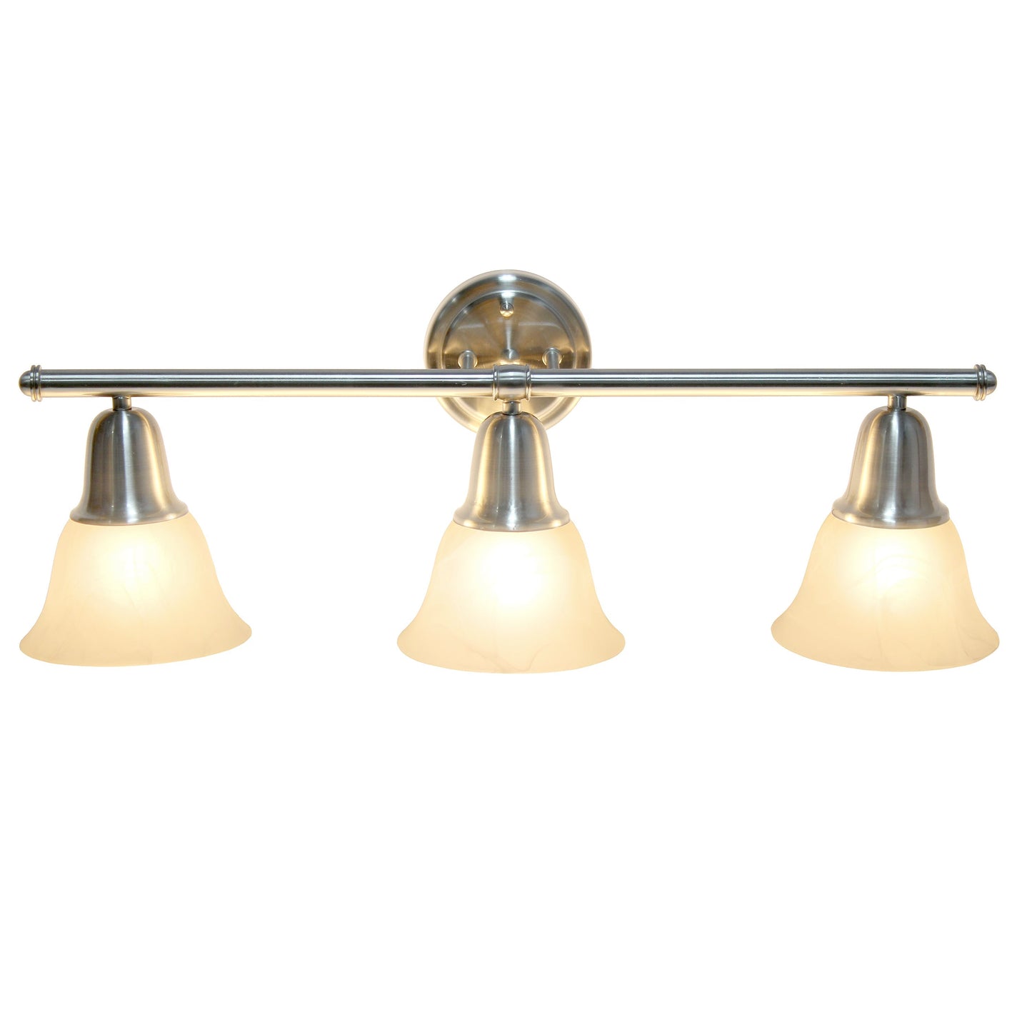 All The Rages Lalia Home Essentix Brushed Nickel 3-Light Vanity Light With Bell-Shaped Alabaster White Glass Shades