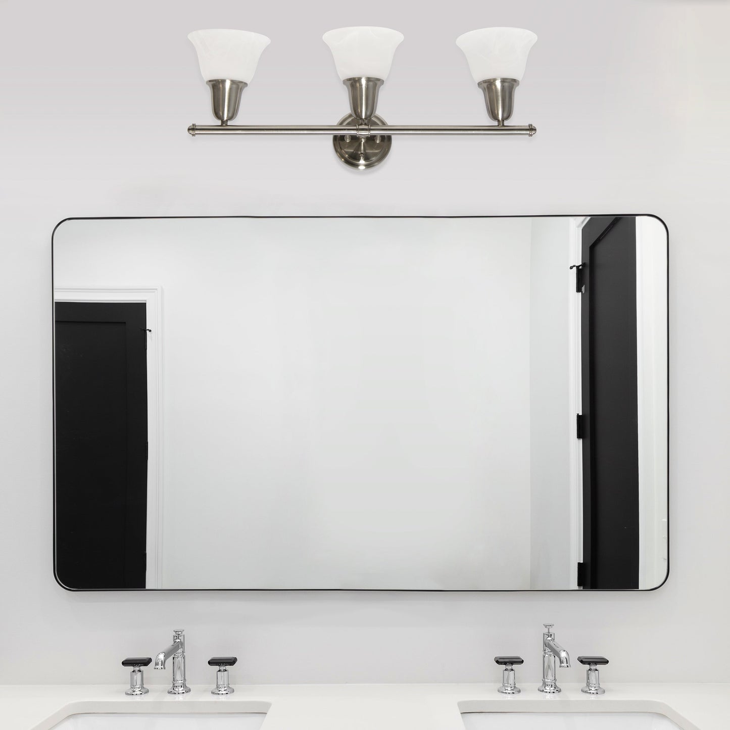 All The Rages Lalia Home Essentix Brushed Nickel 3-Light Vanity Light With Bell-Shaped Alabaster White Glass Shades