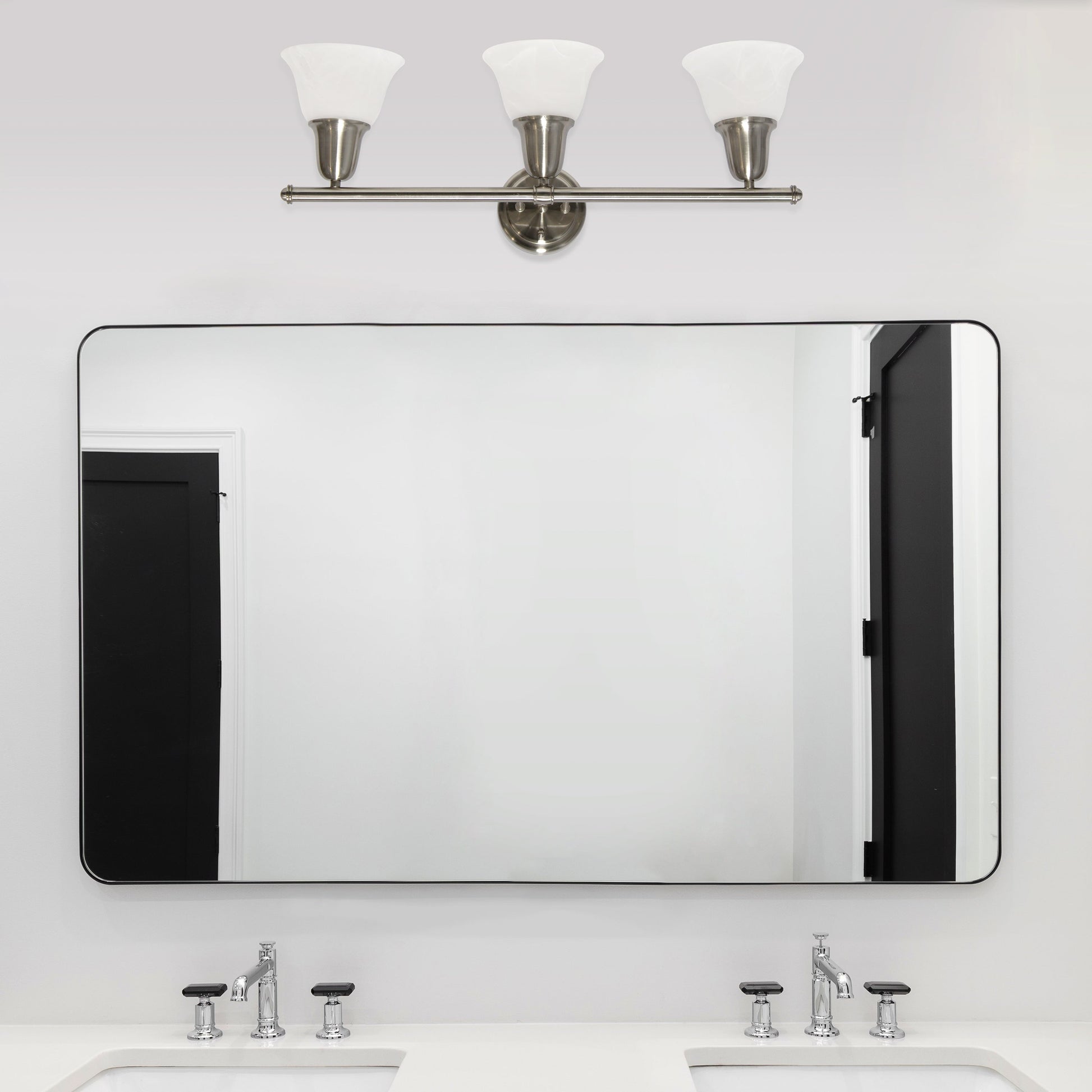 All The Rages Lalia Home Essentix Brushed Nickel 3-Light Vanity Light With Bell-Shaped Alabaster White Glass Shades