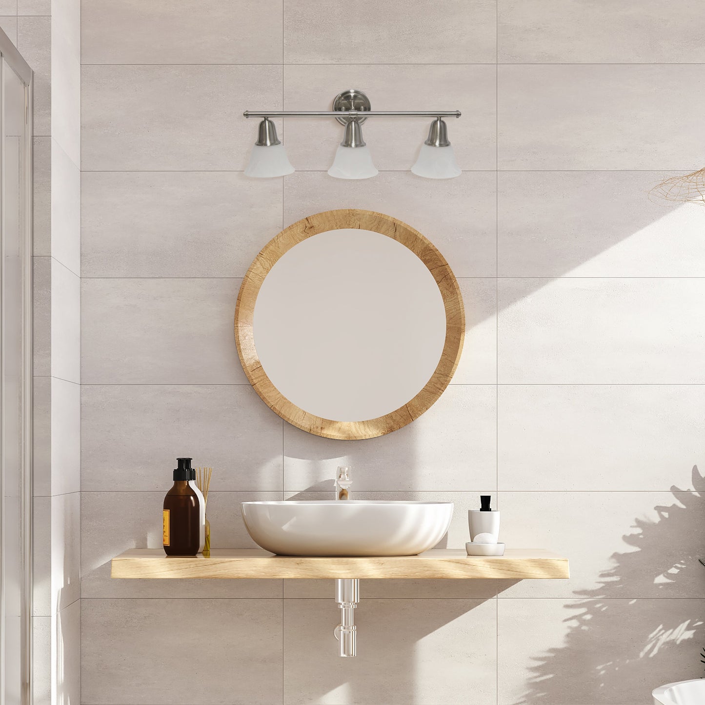 All The Rages Lalia Home Essentix Brushed Nickel 3-Light Vanity Light With Bell-Shaped Alabaster White Glass Shades
