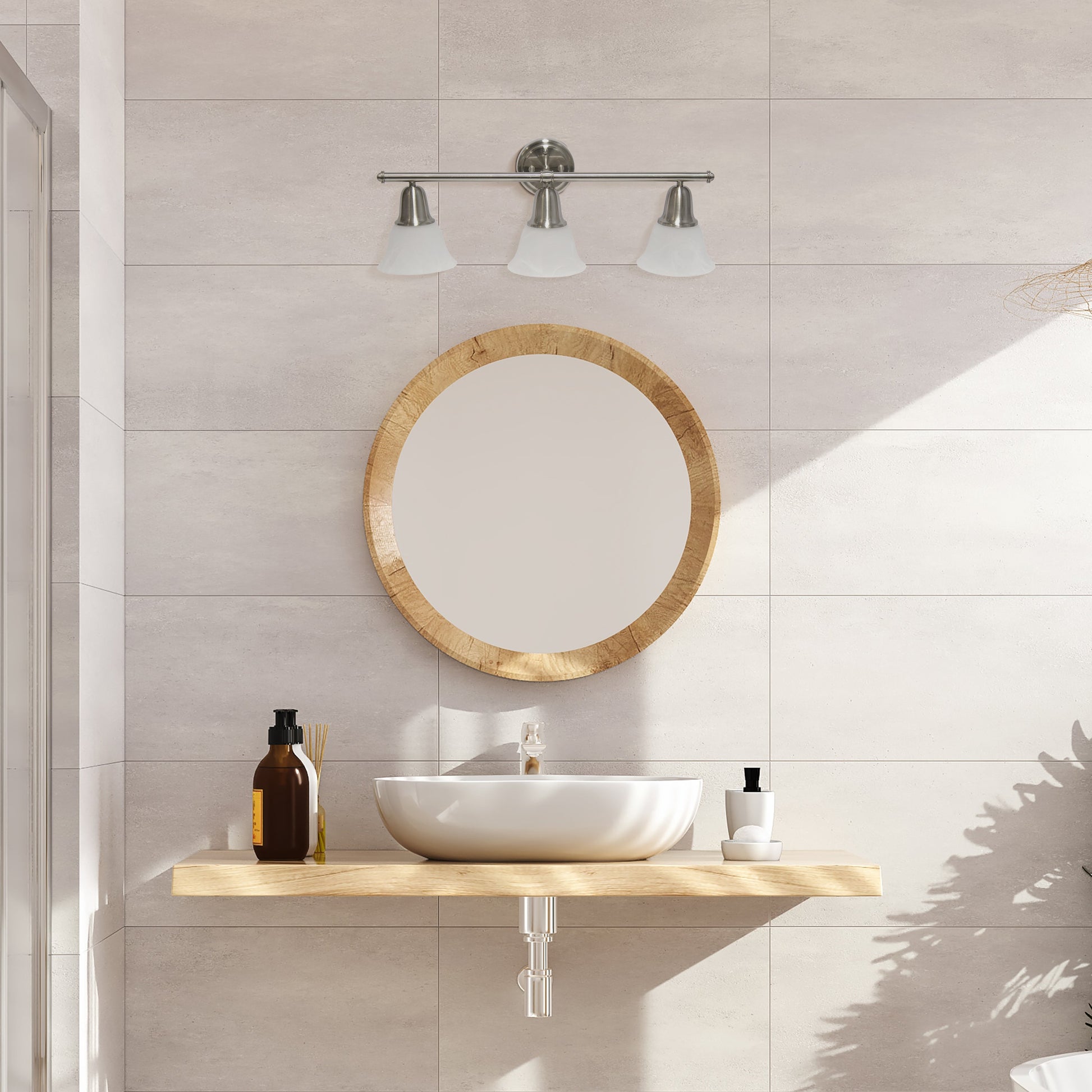 All The Rages Lalia Home Essentix Brushed Nickel 3-Light Vanity Light With Bell-Shaped Alabaster White Glass Shades