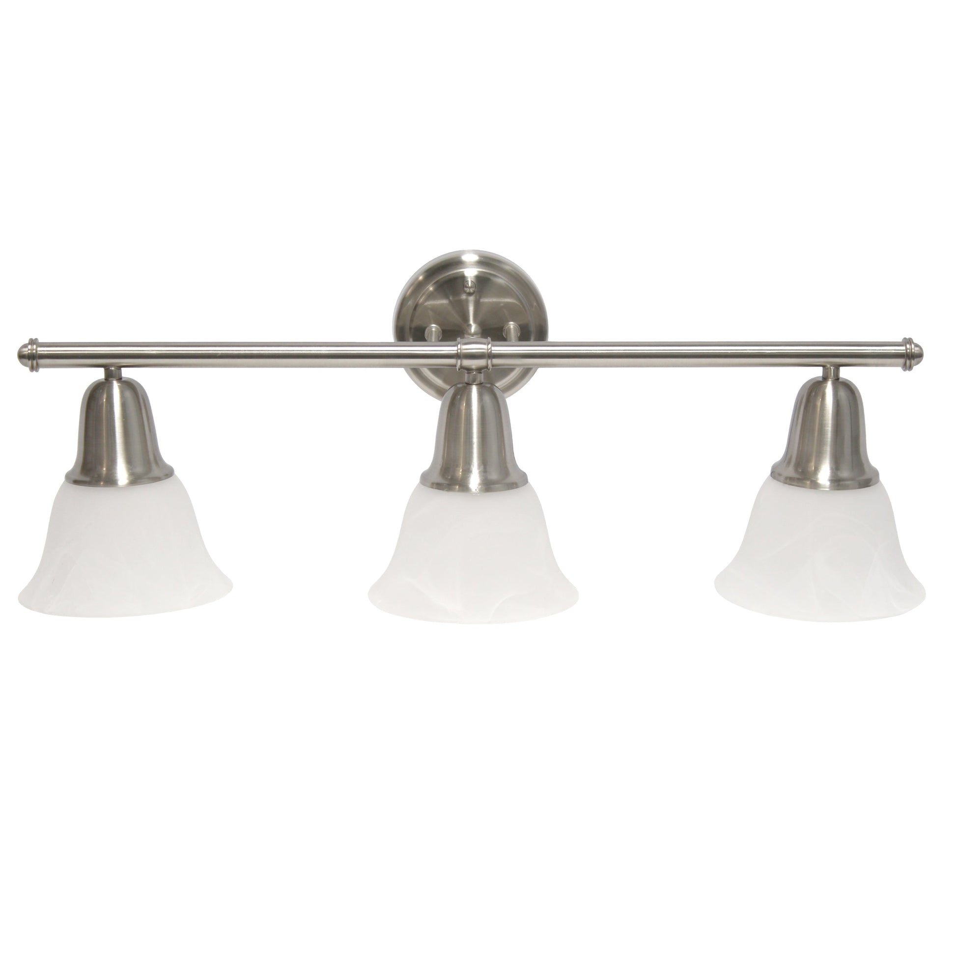 All The Rages Lalia Home Essentix Brushed Nickel 3-Light Vanity Light With Bell-Shaped Alabaster White Glass Shades