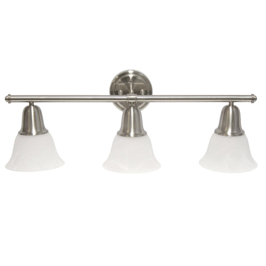 All The Rages Lalia Home Essentix Brushed Nickel 3-Light Vanity Light With Bell-Shaped Alabaster White Glass Shades