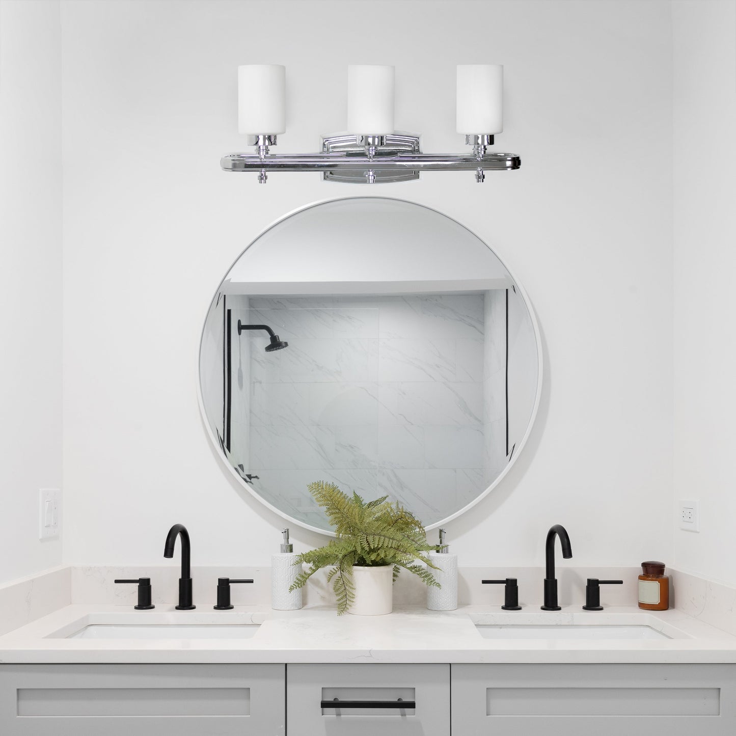 All The Rages Lalia Home Essentix Chrome 3-Light Contemporary Vanity Light With Opaque White Glass Shades