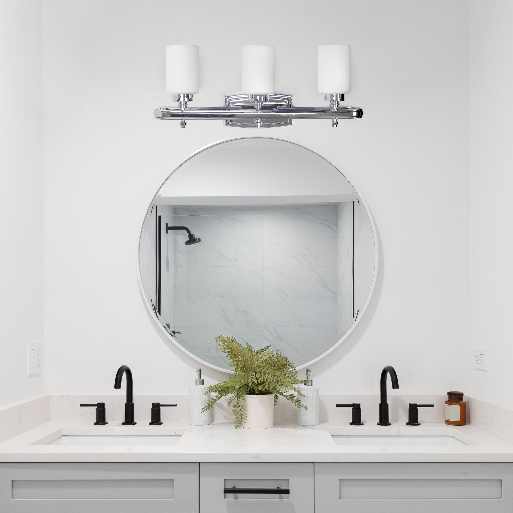 All The Rages Lalia Home Essentix Chrome 3-Light Contemporary Vanity Light With Opaque White Glass Shades