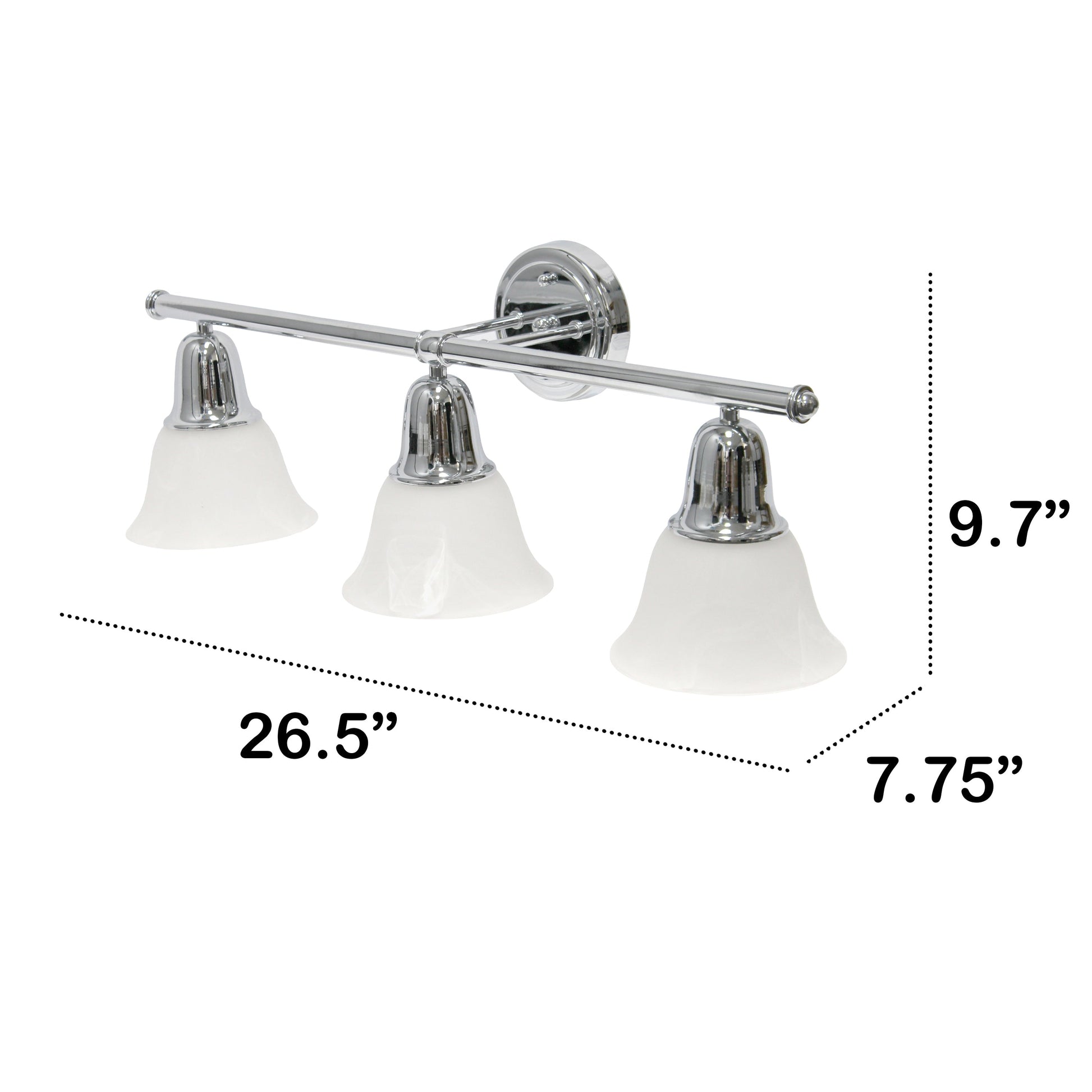 All The Rages Lalia Home Essentix Chrome 3-Light Vanity Light With Bell-Shaped Alabaster White Glass Shades