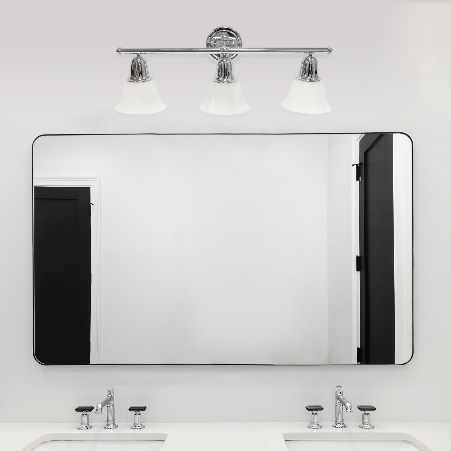 All The Rages Lalia Home Essentix Chrome 3-Light Vanity Light With Bell-Shaped Alabaster White Glass Shades