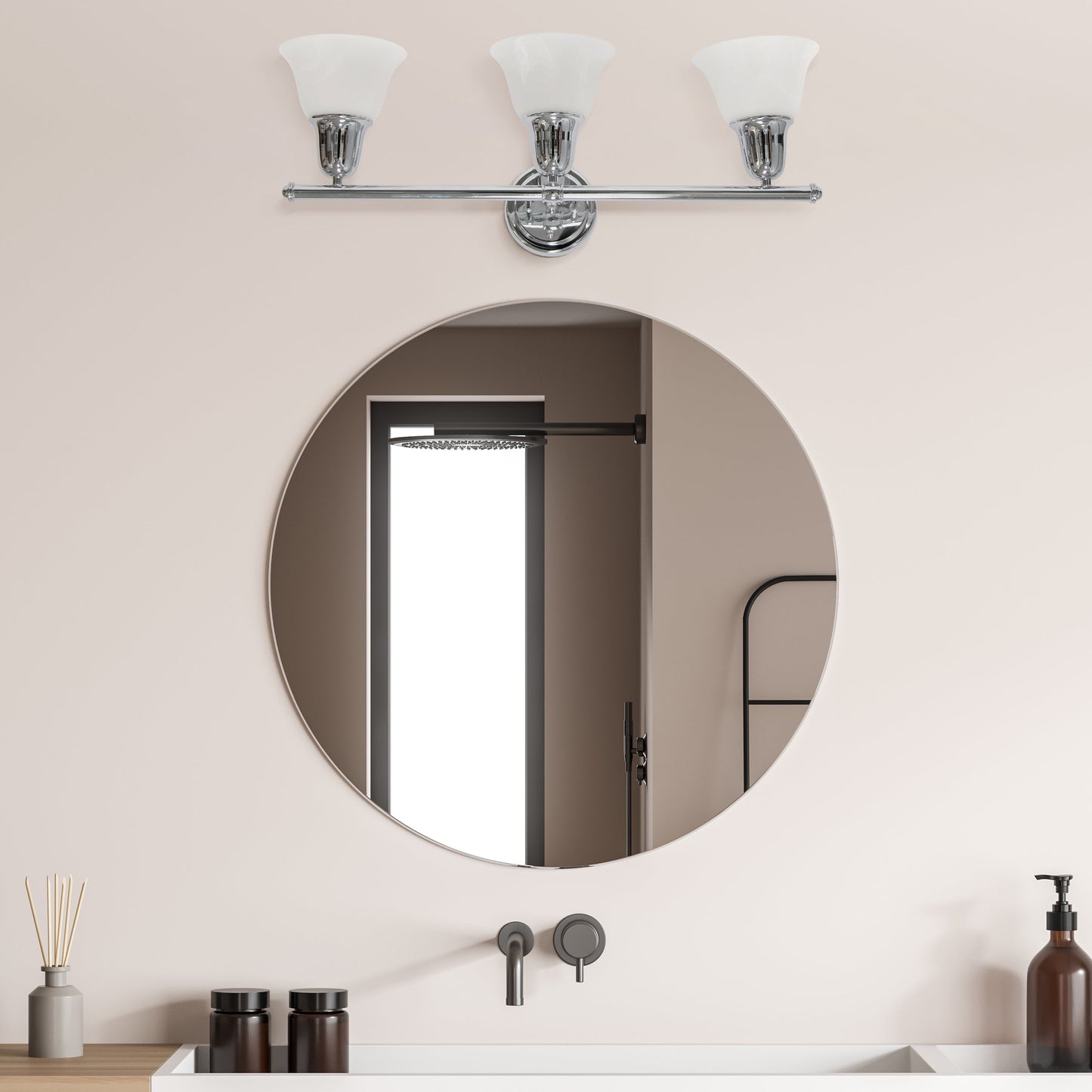All The Rages Lalia Home Essentix Chrome 3-Light Vanity Light With Bell-Shaped Alabaster White Glass Shades