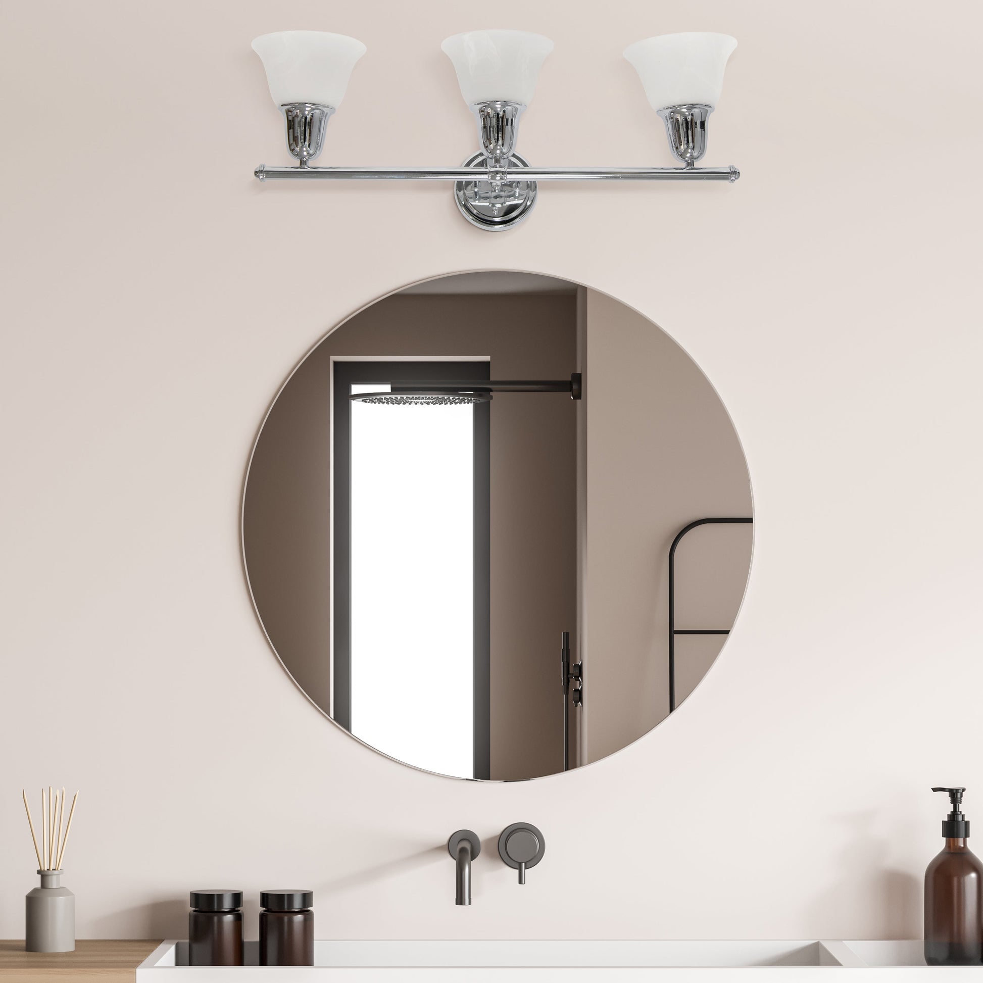 All The Rages Lalia Home Essentix Chrome 3-Light Vanity Light With Bell-Shaped Alabaster White Glass Shades