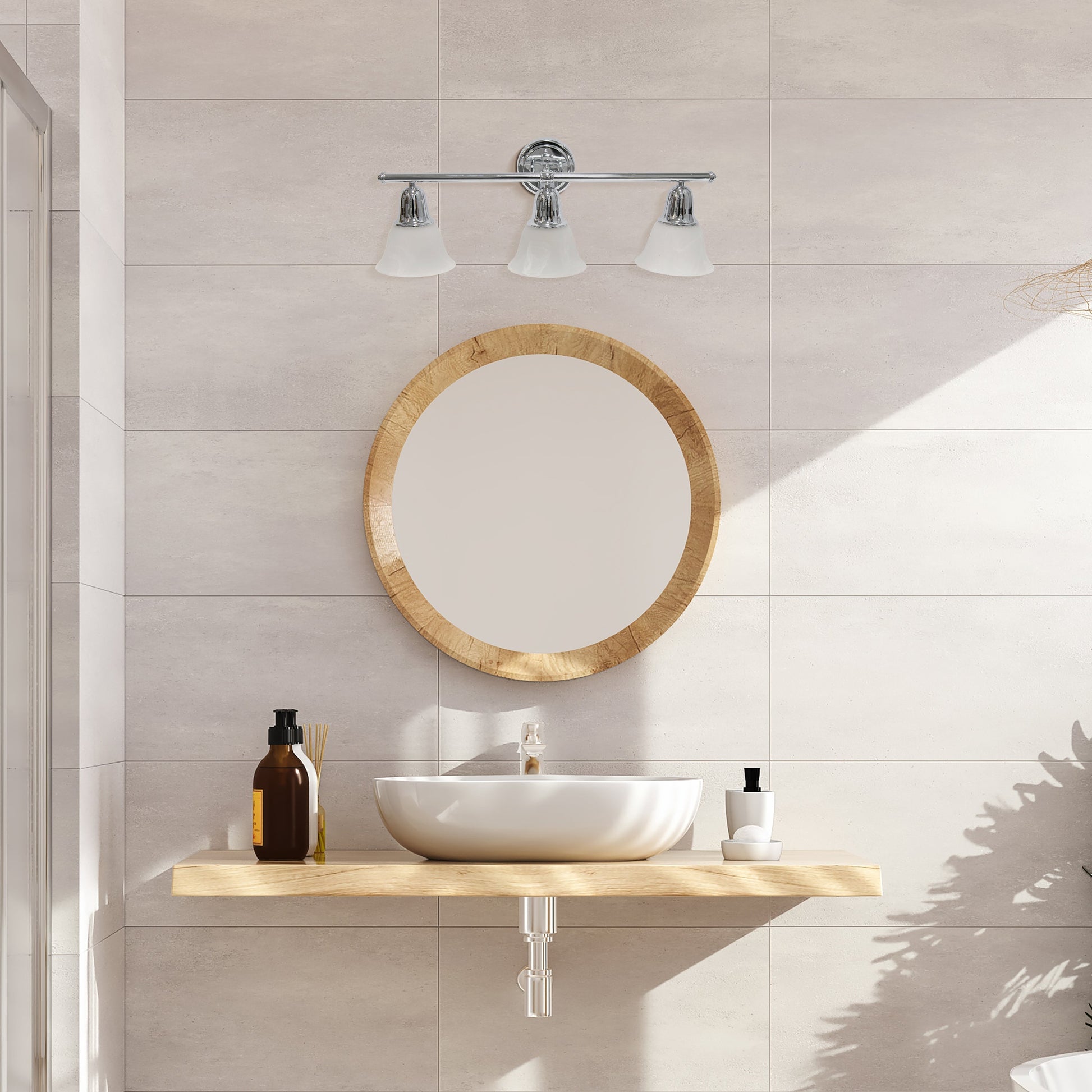 All The Rages Lalia Home Essentix Chrome 3-Light Vanity Light With Bell-Shaped Alabaster White Glass Shades