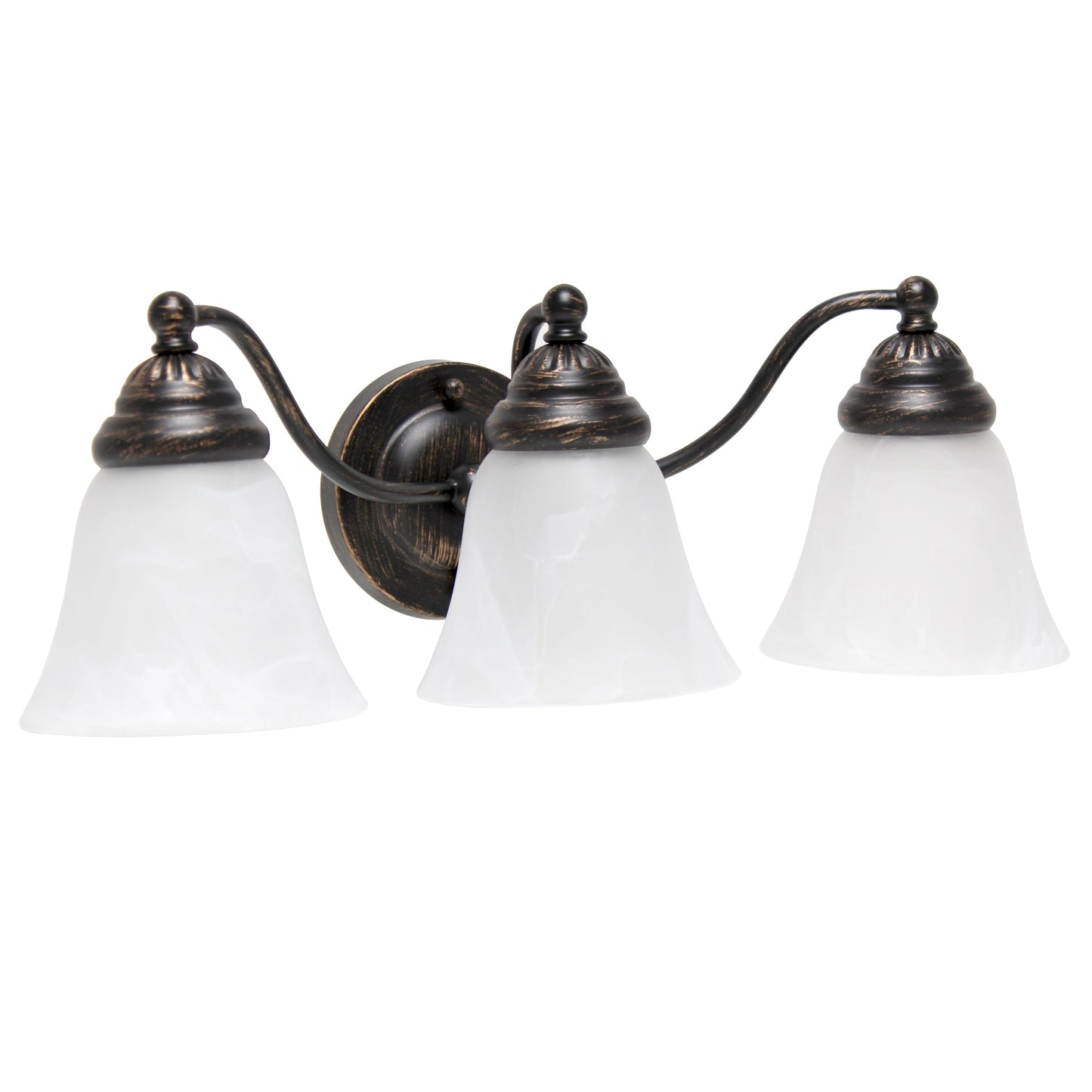 All The Rages Lalia Home Essentix Oil Rubbed Bronze 3-Light Curved Metal Vanity Light With Alabaster White Glass Shades