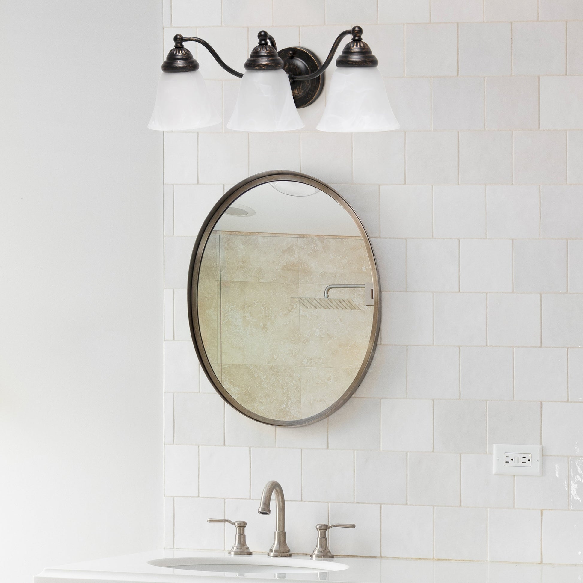 All The Rages Lalia Home Essentix Oil Rubbed Bronze 3-Light Curved Metal Vanity Light With Alabaster White Glass Shades