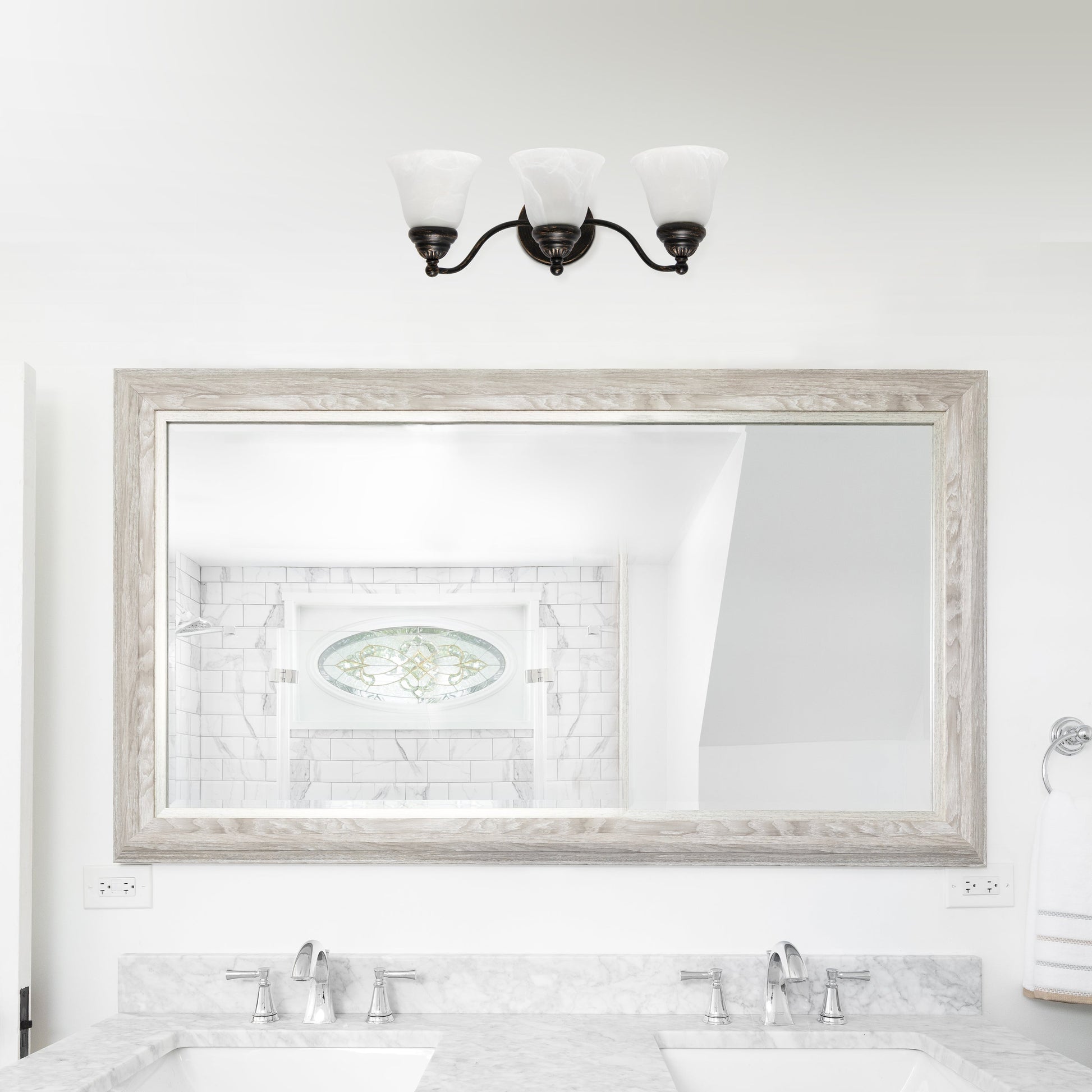 All The Rages Lalia Home Essentix Oil Rubbed Bronze 3-Light Curved Metal Vanity Light With Alabaster White Glass Shades