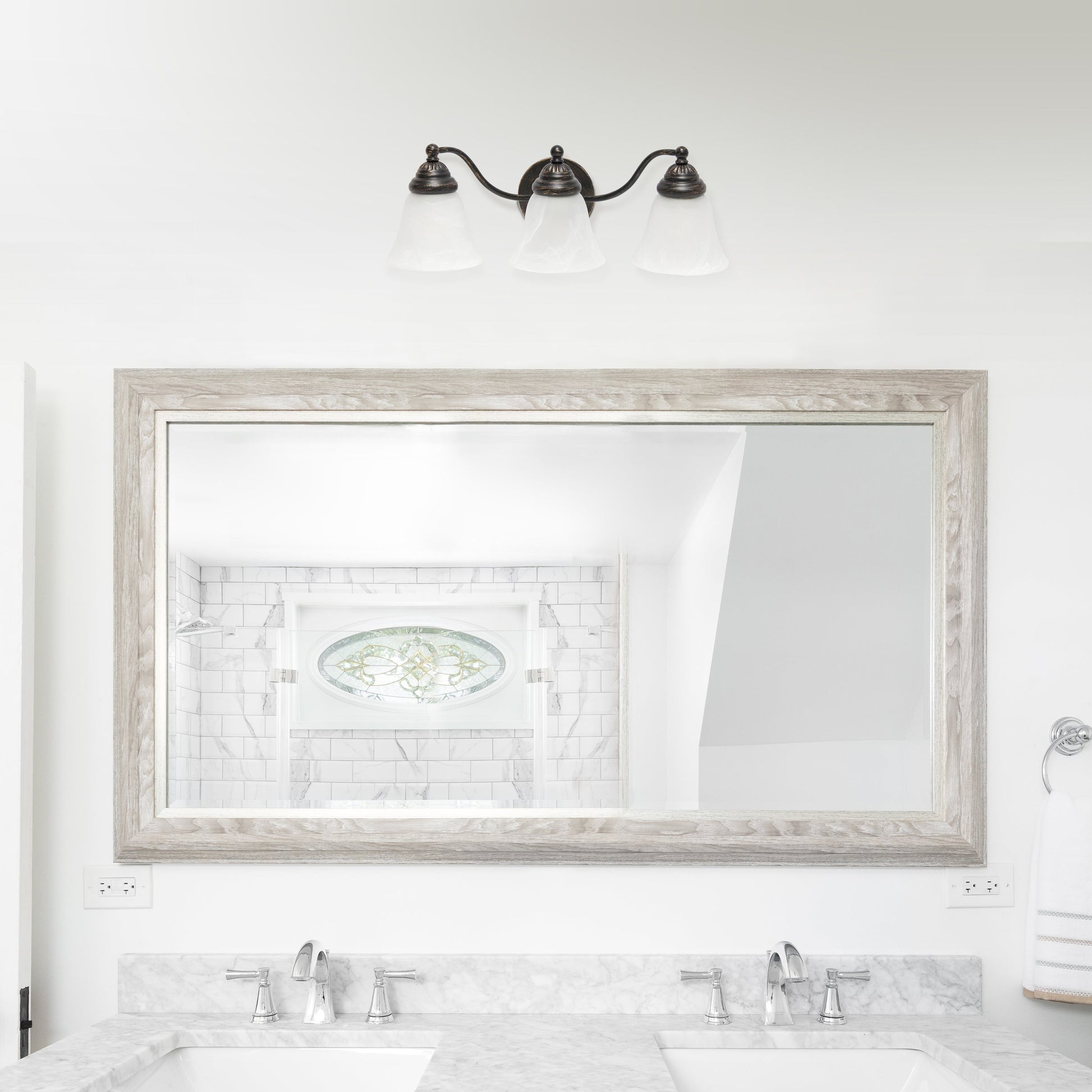 All The Rages Lalia Home Essentix Oil Rubbed Bronze 3-Light Curved Metal Vanity Light With Alabaster White Glass Shades