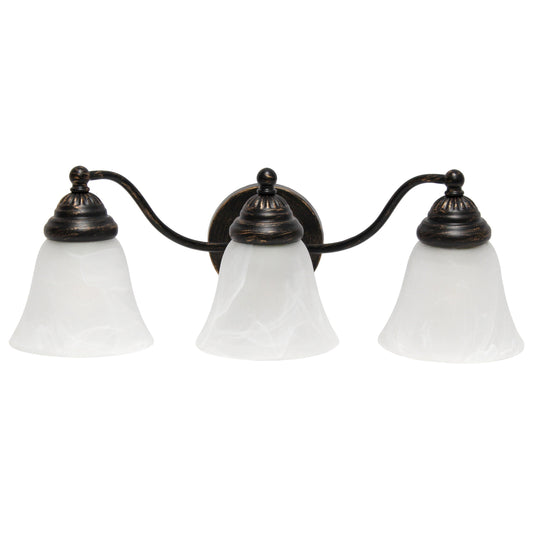 All The Rages Lalia Home Essentix Oil Rubbed Bronze 3-Light Curved Metal Vanity Light With Alabaster White Glass Shades