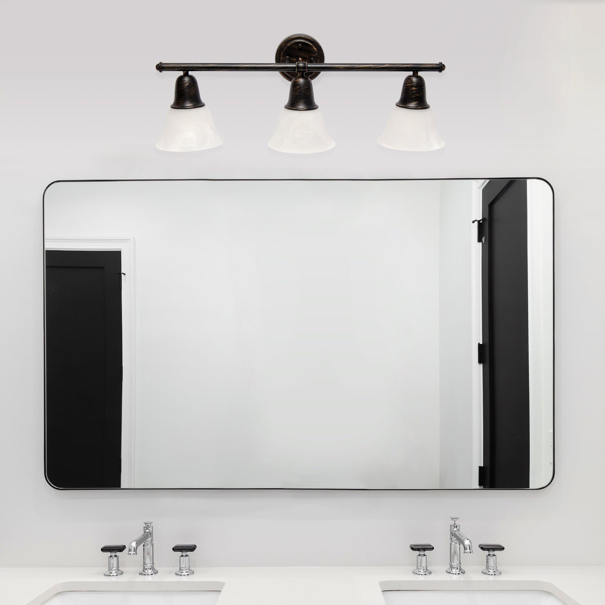 All The Rages Lalia Home Essentix Oil Rubbed Bronze 3-Light Vanity Light With Bell-Shaped Alabaster White Glass Shades
