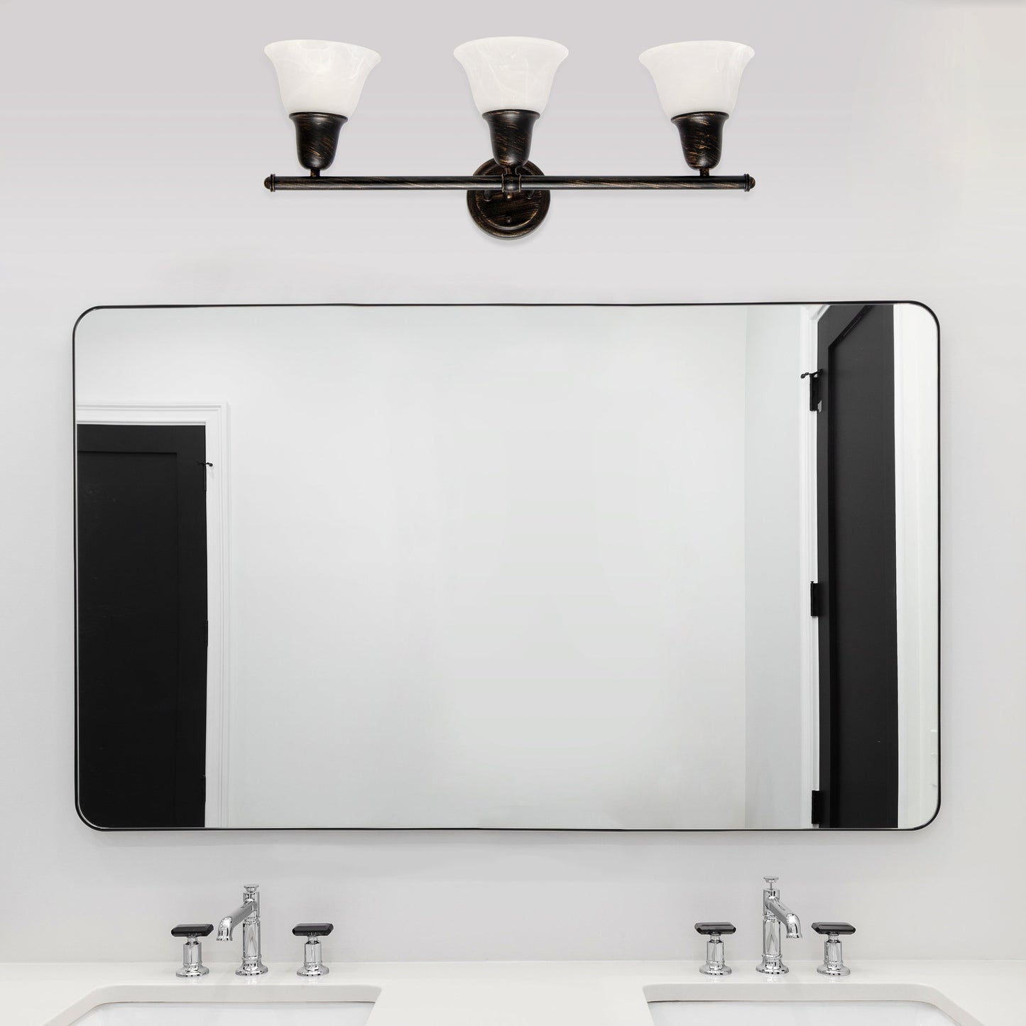 All The Rages Lalia Home Essentix Oil Rubbed Bronze 3-Light Vanity Light With Bell-Shaped Alabaster White Glass Shades