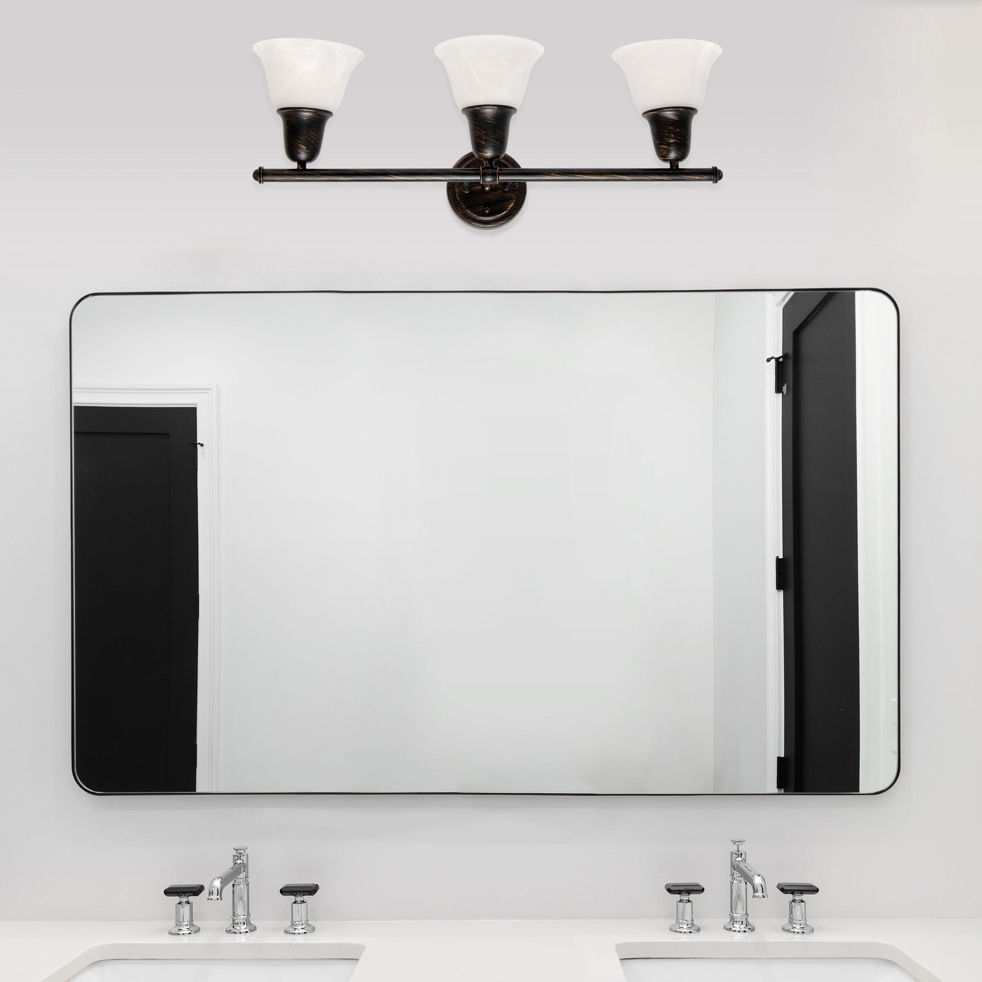 All The Rages Lalia Home Essentix Oil Rubbed Bronze 3-Light Vanity Light With Bell-Shaped Alabaster White Glass Shades