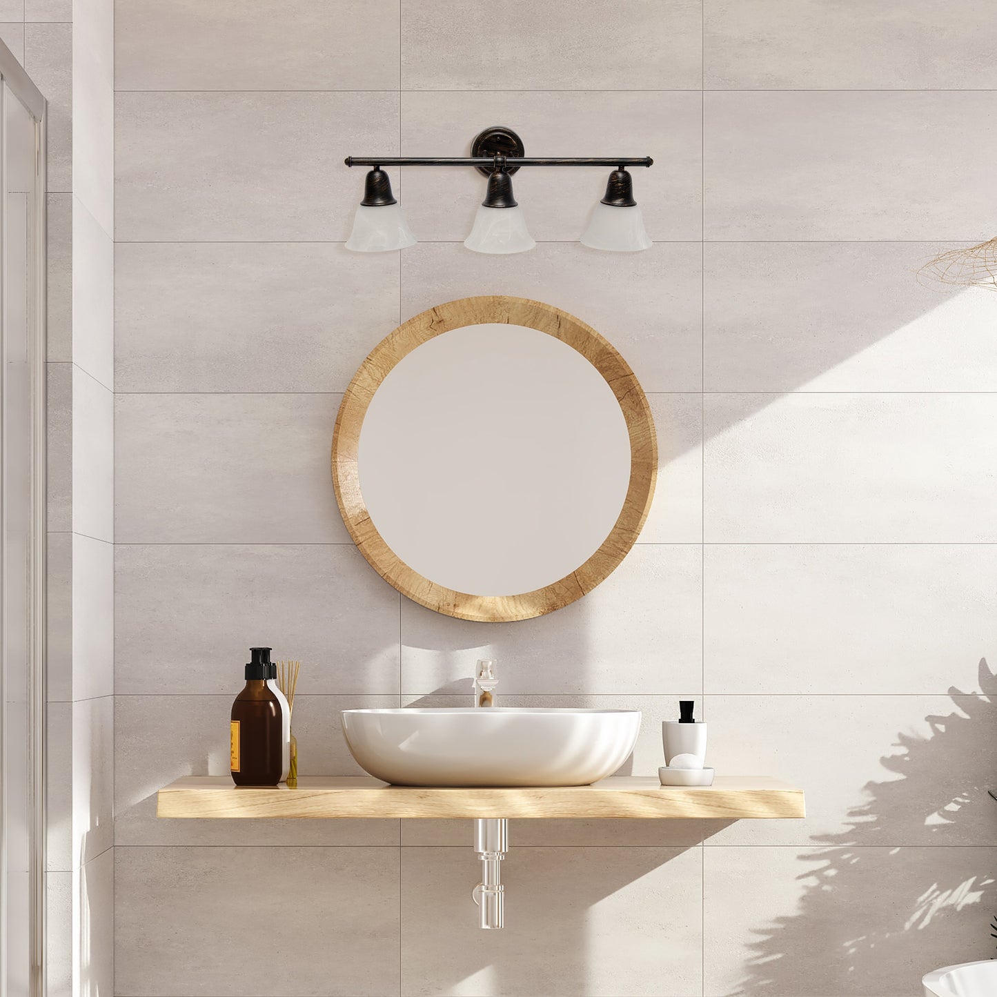All The Rages Lalia Home Essentix Oil Rubbed Bronze 3-Light Vanity Light With Bell-Shaped Alabaster White Glass Shades