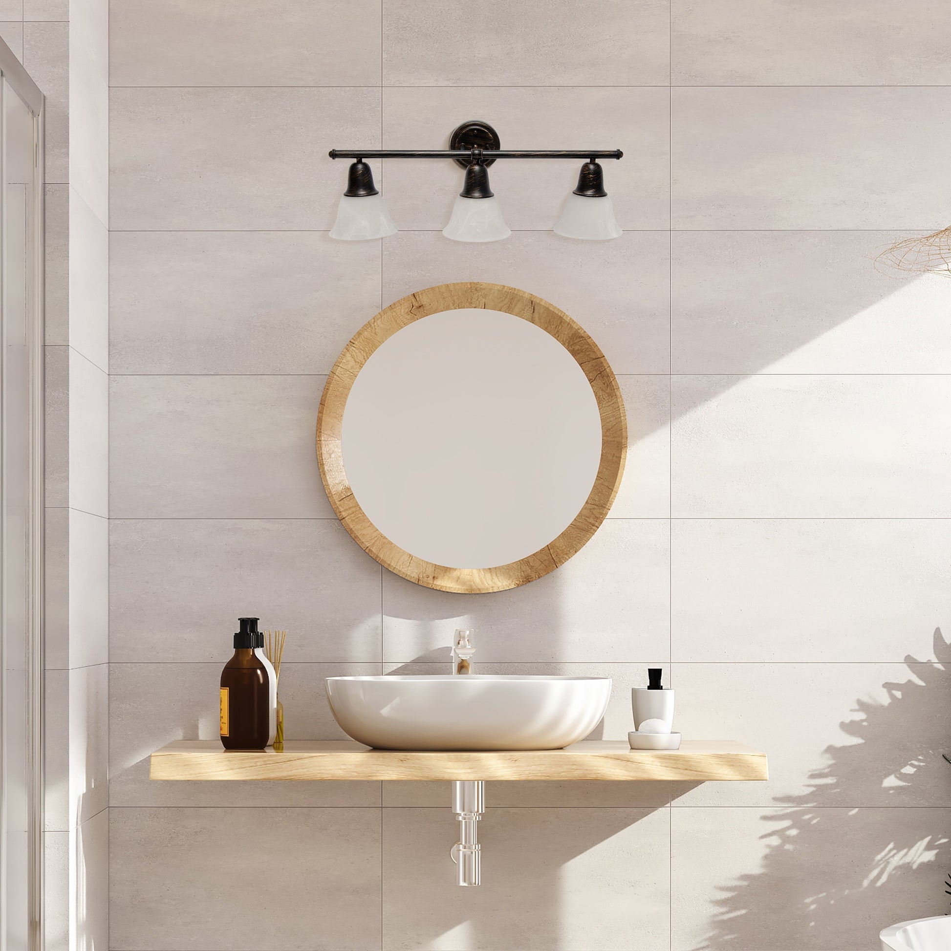 All The Rages Lalia Home Essentix Oil Rubbed Bronze 3-Light Vanity Light With Bell-Shaped Alabaster White Glass Shades