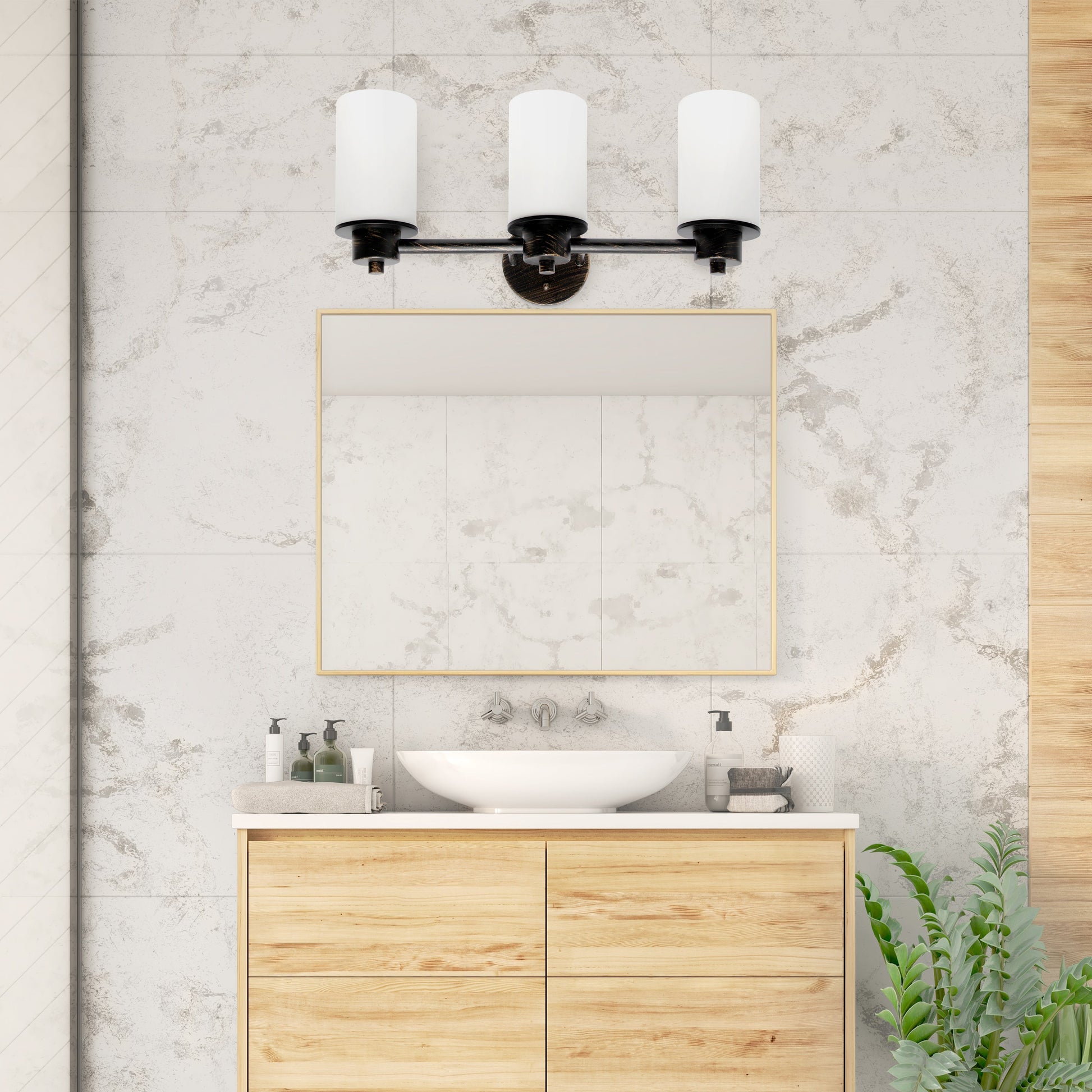 All The Rages Lalia Home Essentix Oil Rubbed Bronze 3-Light Vanity Light With Opaque White Glass Shades