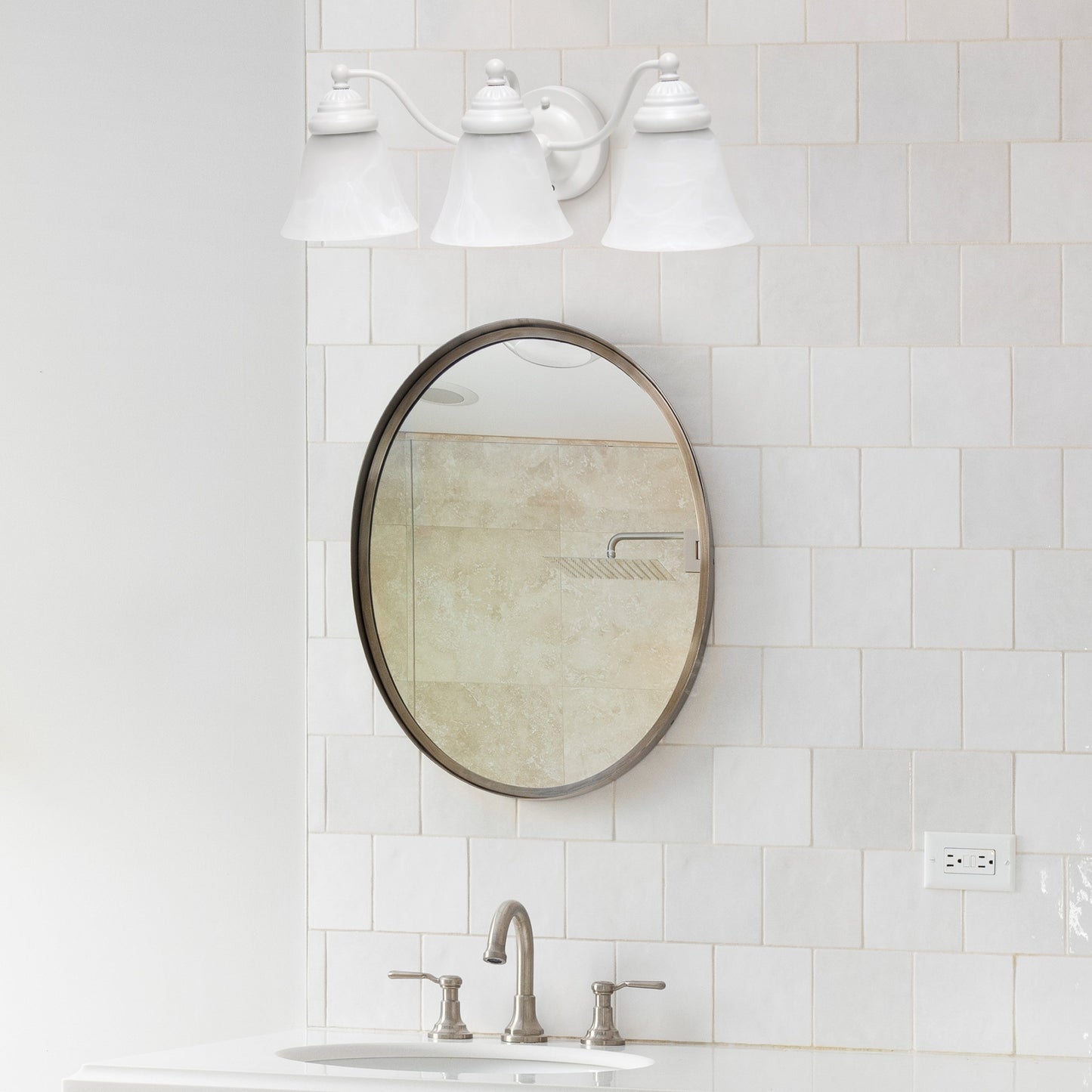 All The Rages Lalia Home Essentix White 3-Light Curved Metal Vanity Light With Alabaster White Glass Shades