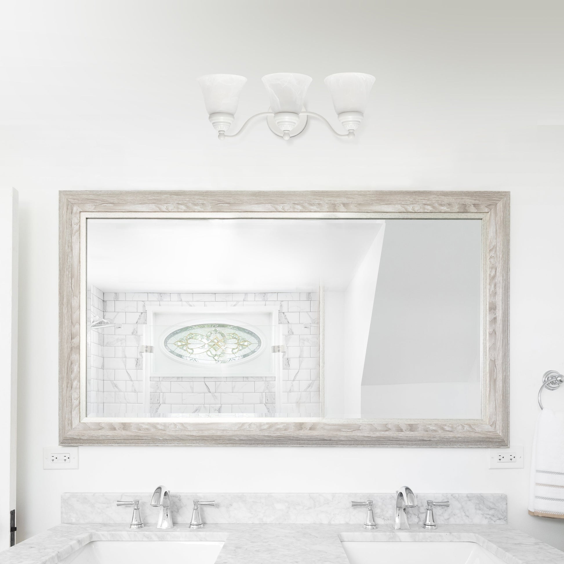 All The Rages Lalia Home Essentix White 3-Light Curved Metal Vanity Light With Alabaster White Glass Shades