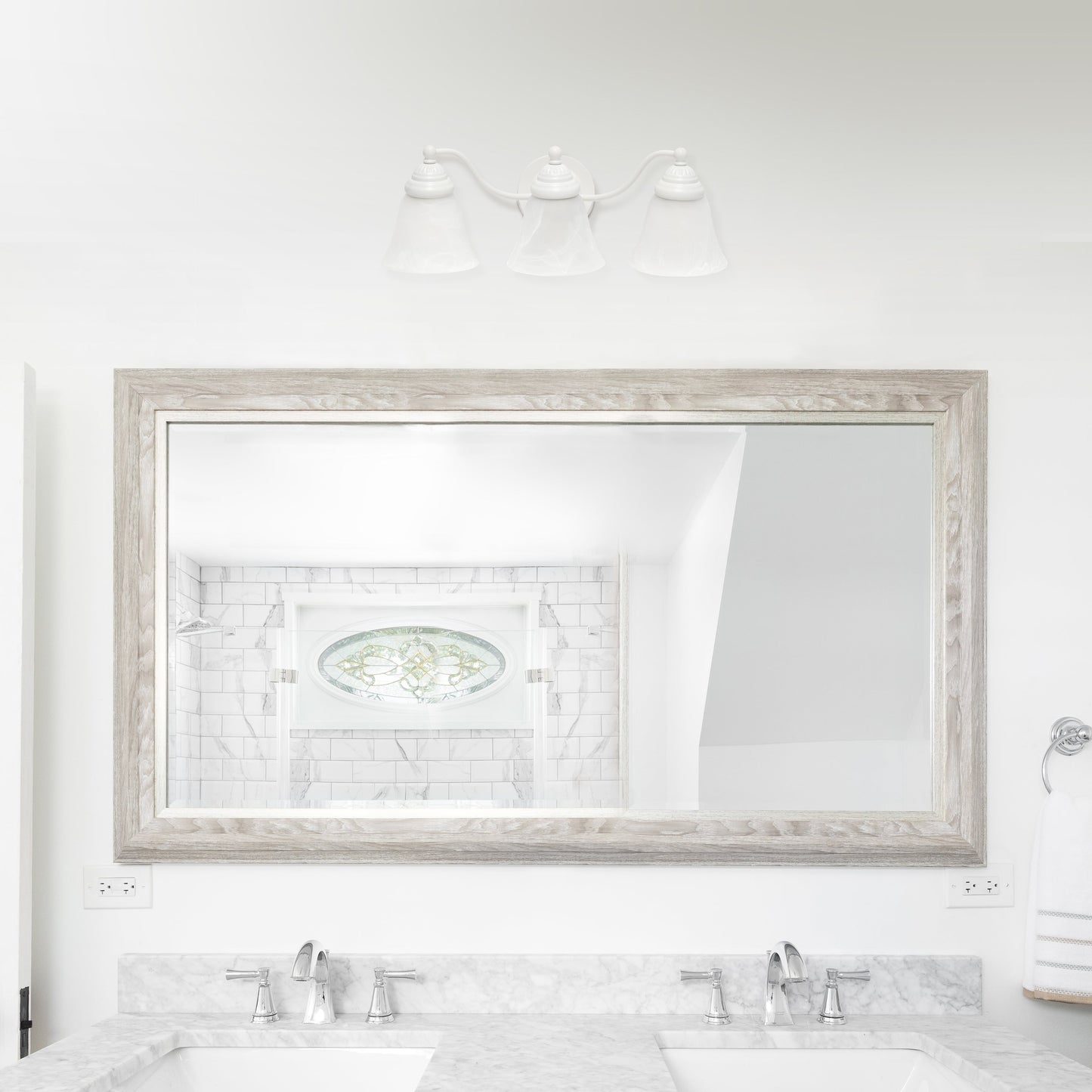 All The Rages Lalia Home Essentix White 3-Light Curved Metal Vanity Light With Alabaster White Glass Shades