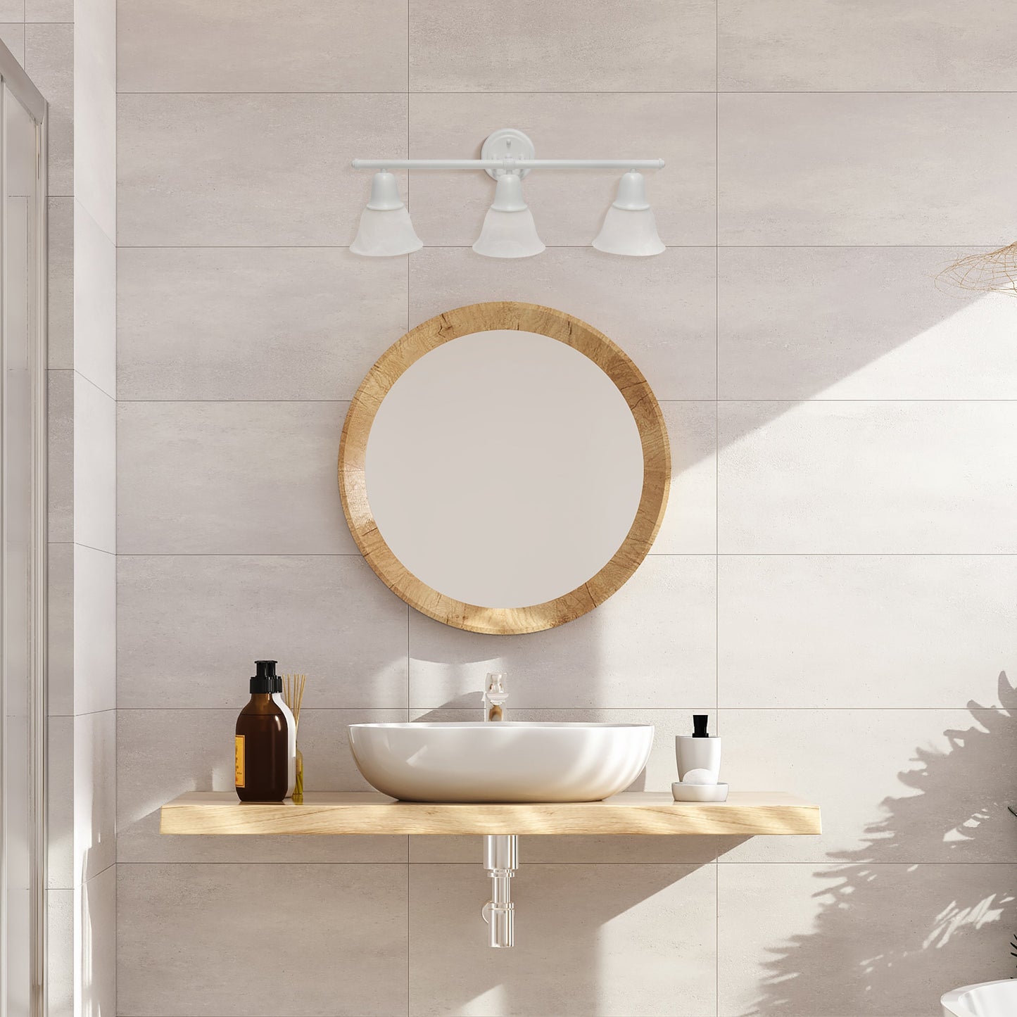 All The Rages Lalia Home Essentix White 3-Light Vanity Light With Bell-Shaped Alabaster White Glass Shades