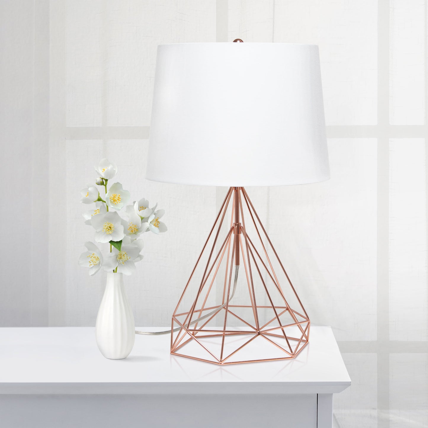 All The Rages Lalia Home Geometric Rose Gold Wired Table Lamp With Fabric Shade