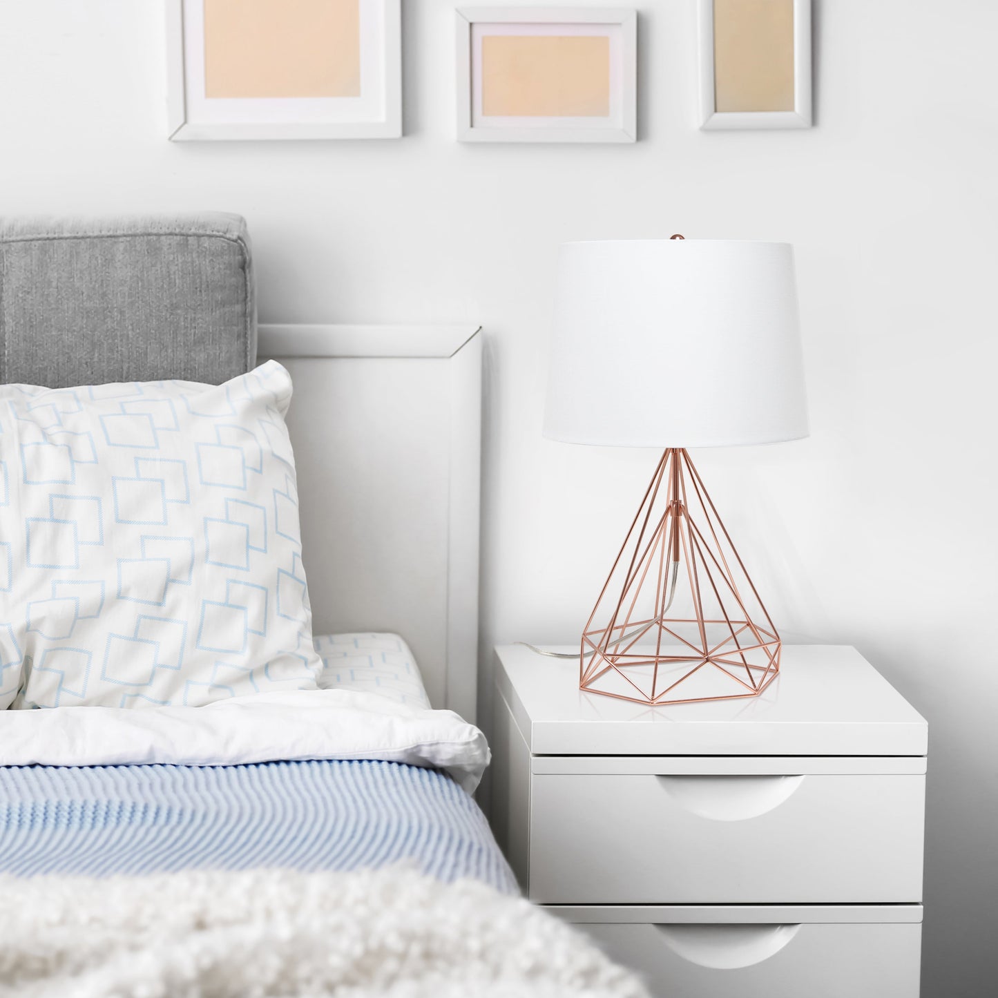 All The Rages Lalia Home Geometric Rose Gold Wired Table Lamp With Fabric Shade