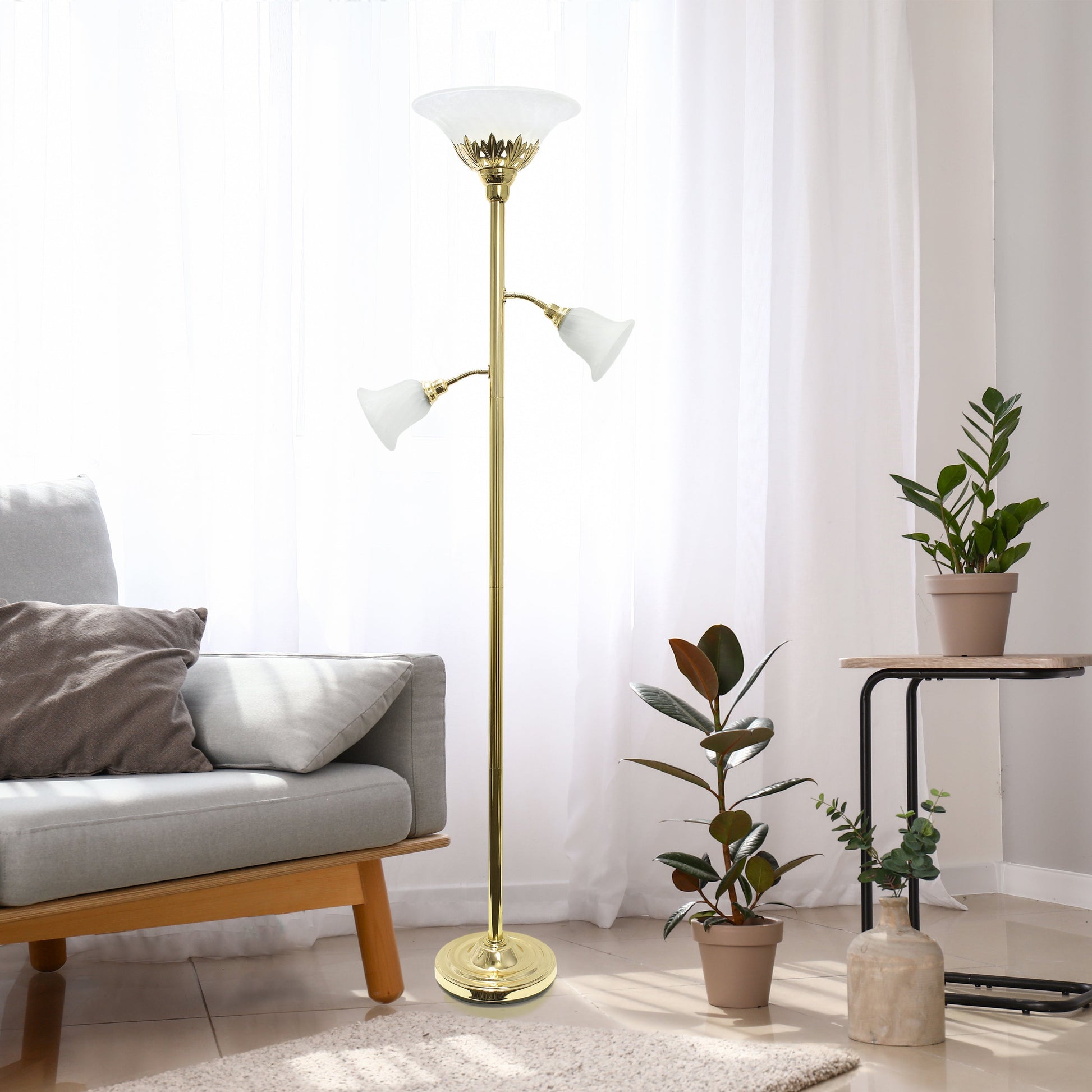 All The Rages Lalia Home Gold Torchiere Floor Lamp With 2 Reading Lights & Scalloped Glass Shades