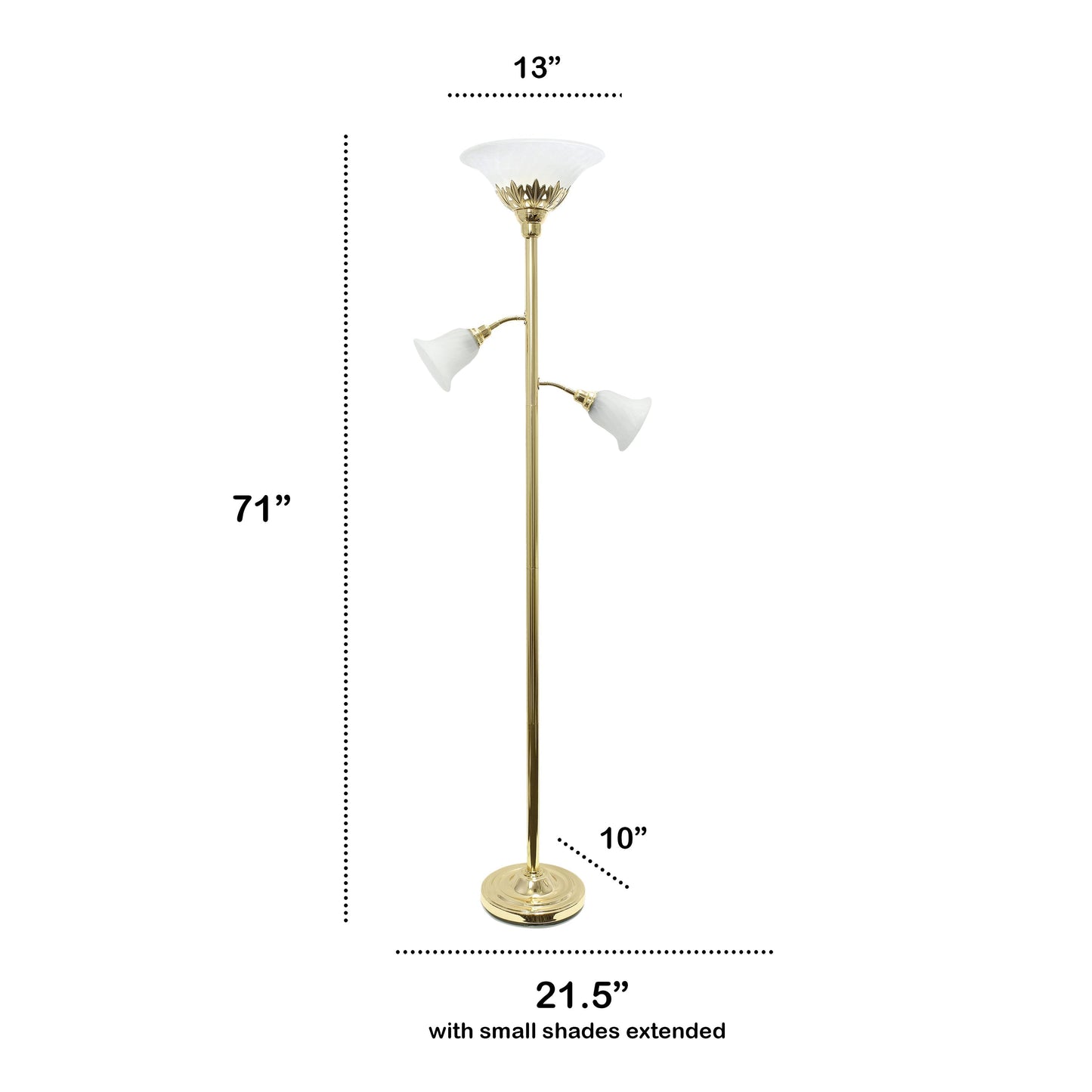 All The Rages Lalia Home Gold Torchiere Floor Lamp With 2 Reading Lights & Scalloped Glass Shades