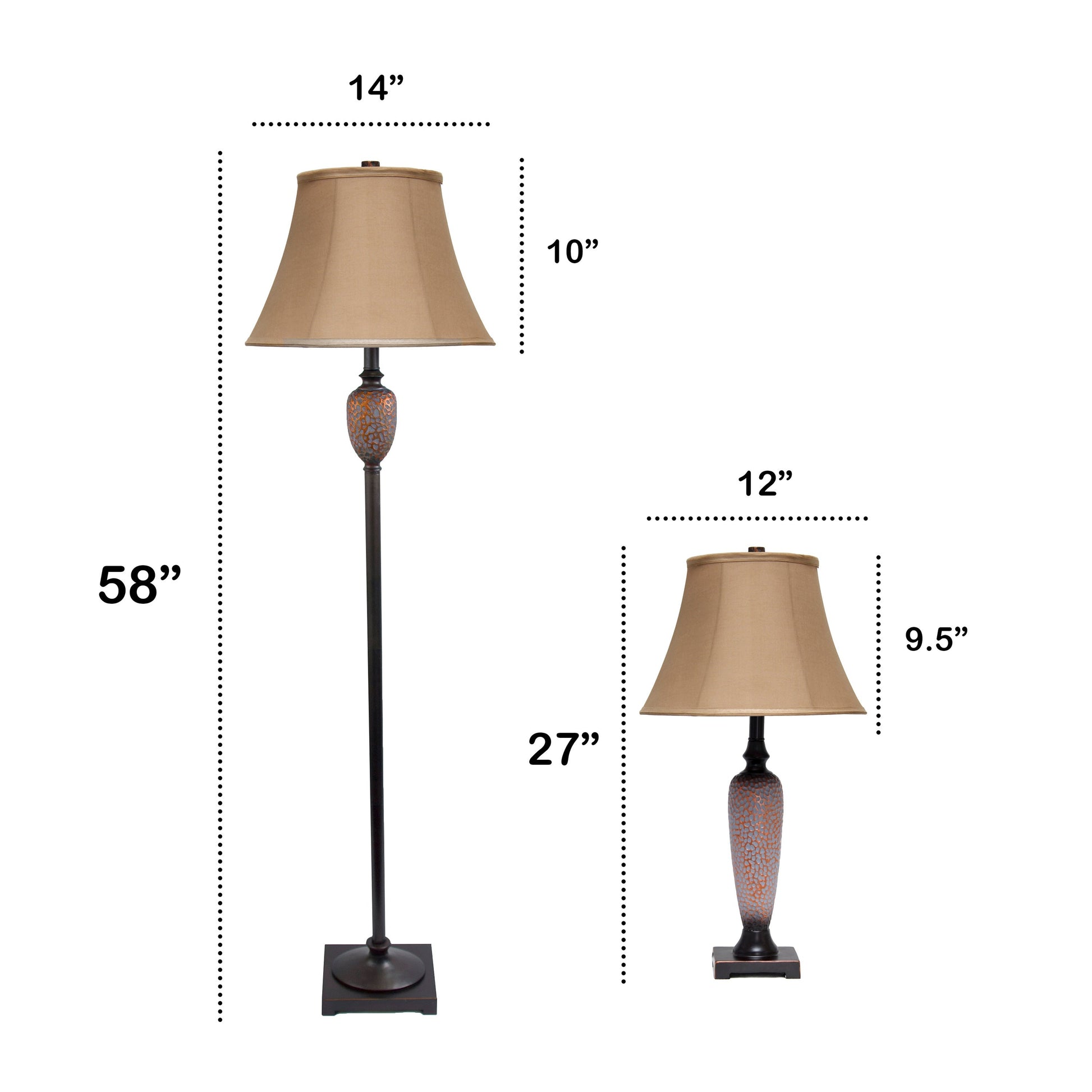 All The Rages Lalia Home Homely Hammered Bronze Traditional Valdivian Table & Floor Lamp Set With Empire Fabric Shades