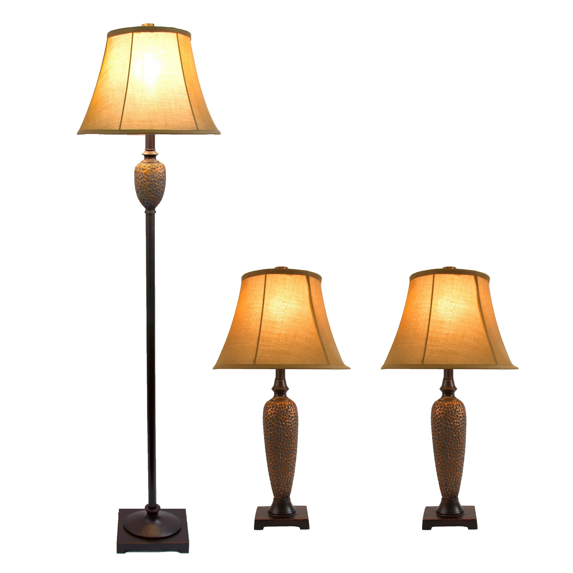 All The Rages Lalia Home Homely Hammered Bronze Traditional Valdivian Table & Floor Lamp Set With Empire Fabric Shades