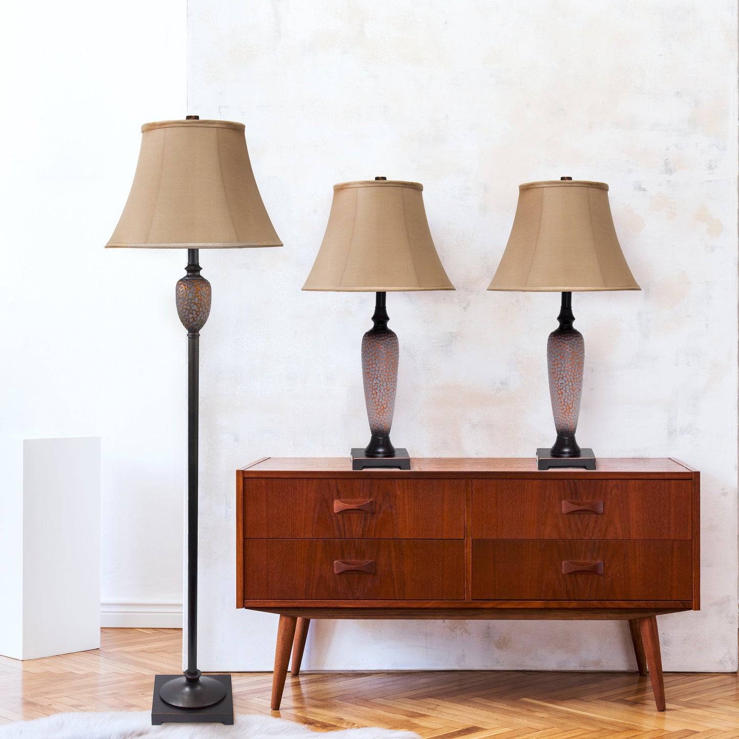 All The Rages Lalia Home Homely Hammered Bronze Traditional Valdivian Table & Floor Lamp Set With Empire Fabric Shades