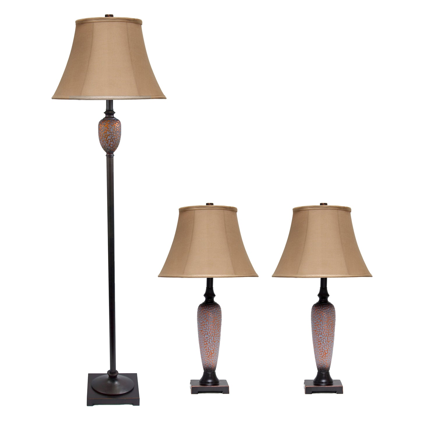 All The Rages Lalia Home Homely Hammered Bronze Traditional Valdivian Table & Floor Lamp Set With Empire Fabric Shades