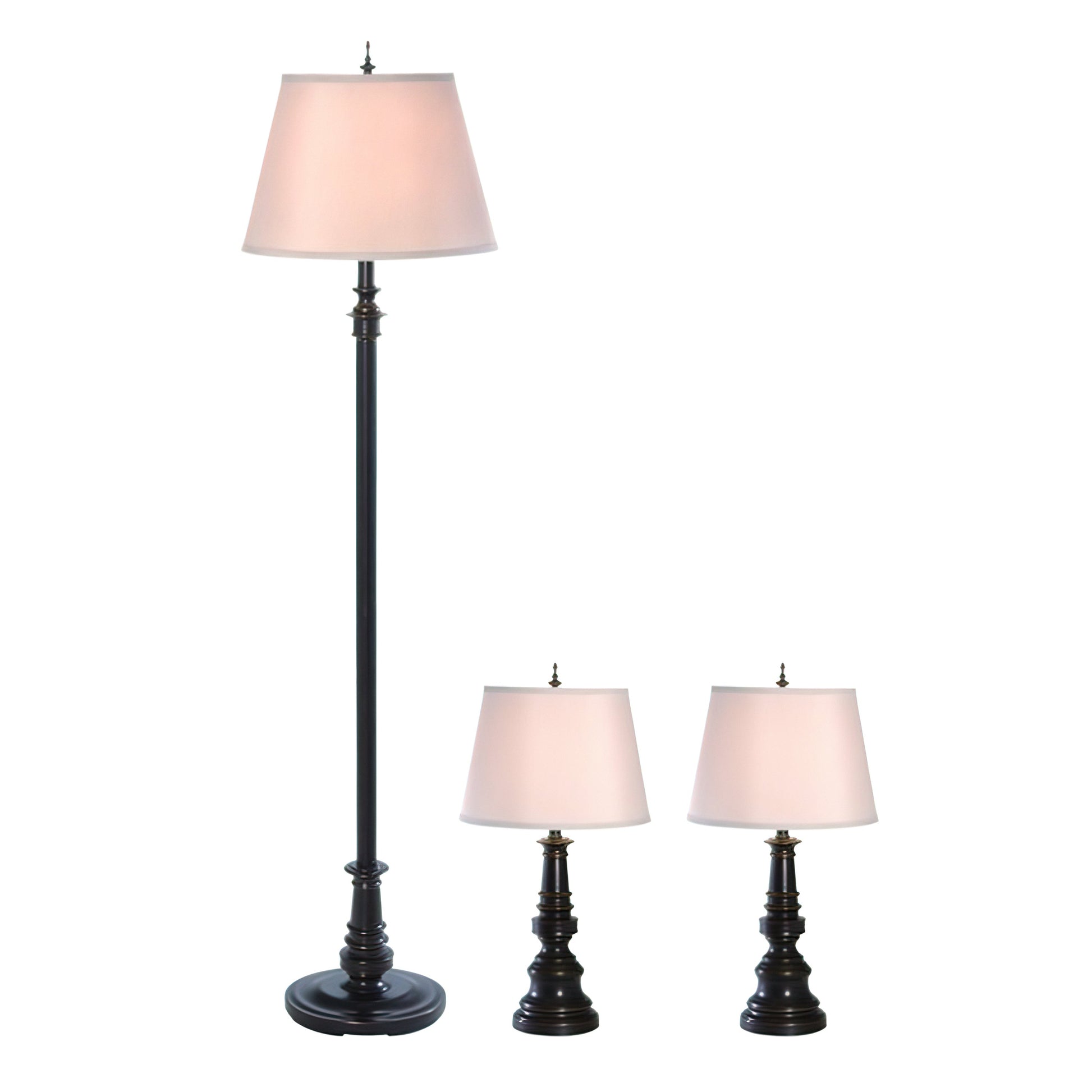 All The Rages Lalia Home Homely Oxford Classic Restoration Bronze Table & Floor Lamp Set With Tan Tapered Drum Fabric Shades