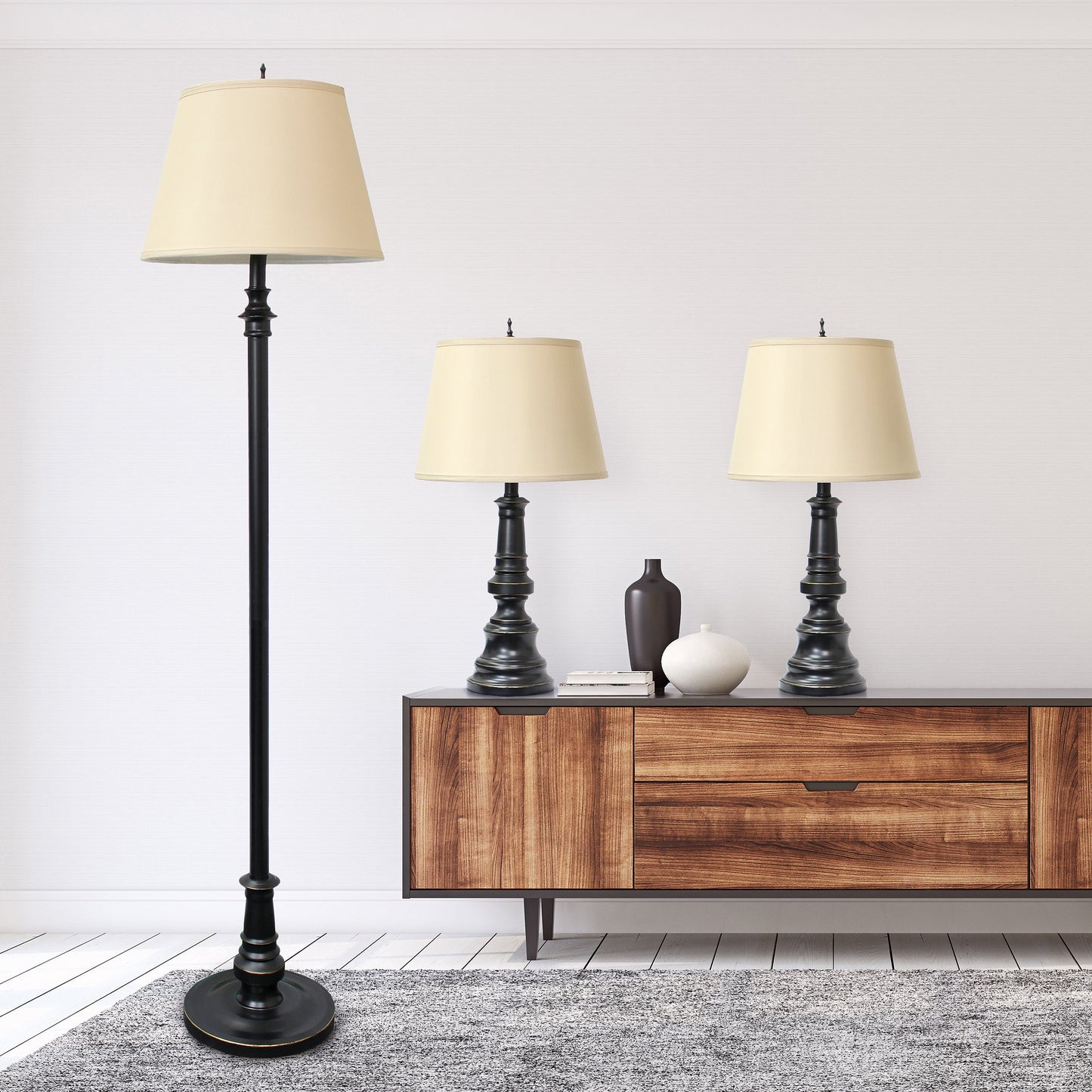All The Rages Lalia Home Homely Oxford Classic Restoration Bronze Table & Floor Lamp Set With Tan Tapered Drum Fabric Shades