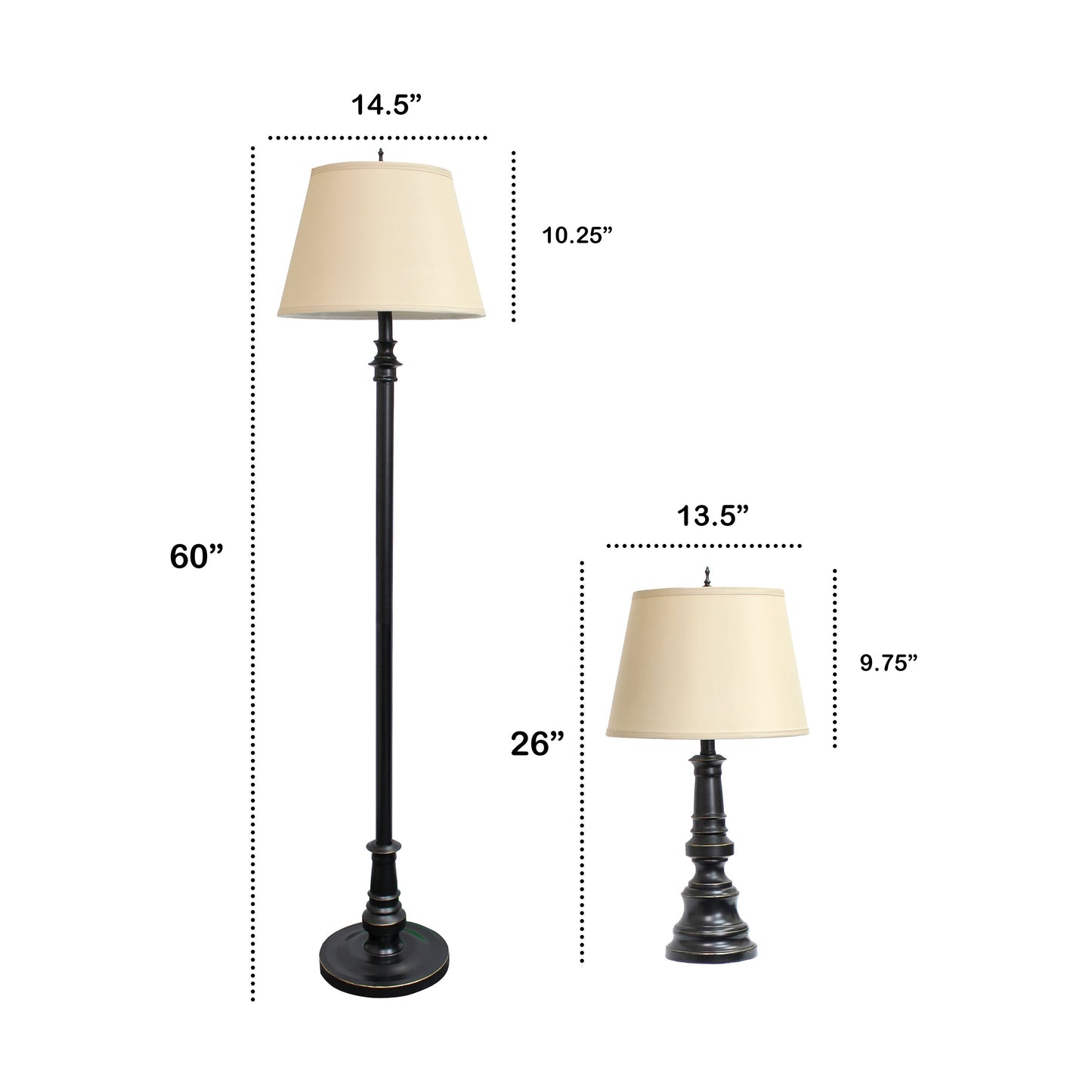 All The Rages Lalia Home Homely Oxford Classic Restoration Bronze Table & Floor Lamp Set With Tan Tapered Drum Fabric Shades