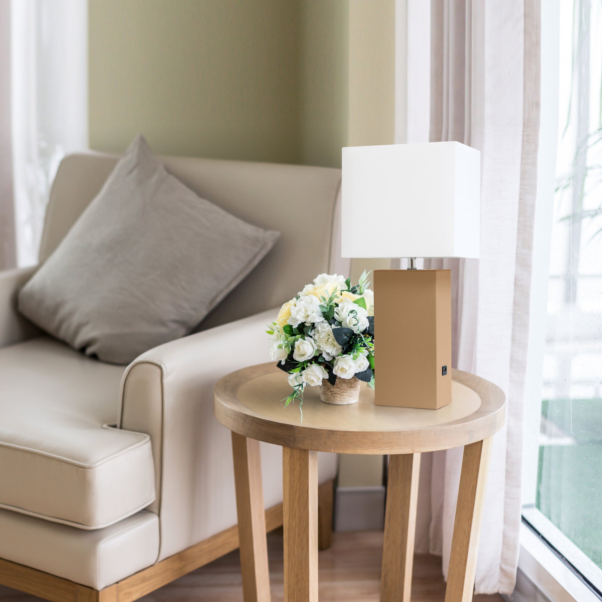All The Rages Lalia Home Lexington 21" Beige Leather Base Modern Home Décor Bedside Table Lamp With USB Charging Port