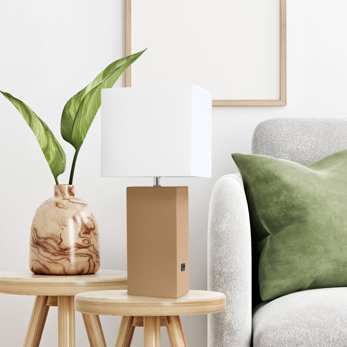 All The Rages Lalia Home Lexington 21" Beige Leather Base Modern Home Décor Bedside Table Lamp With USB Charging Port
