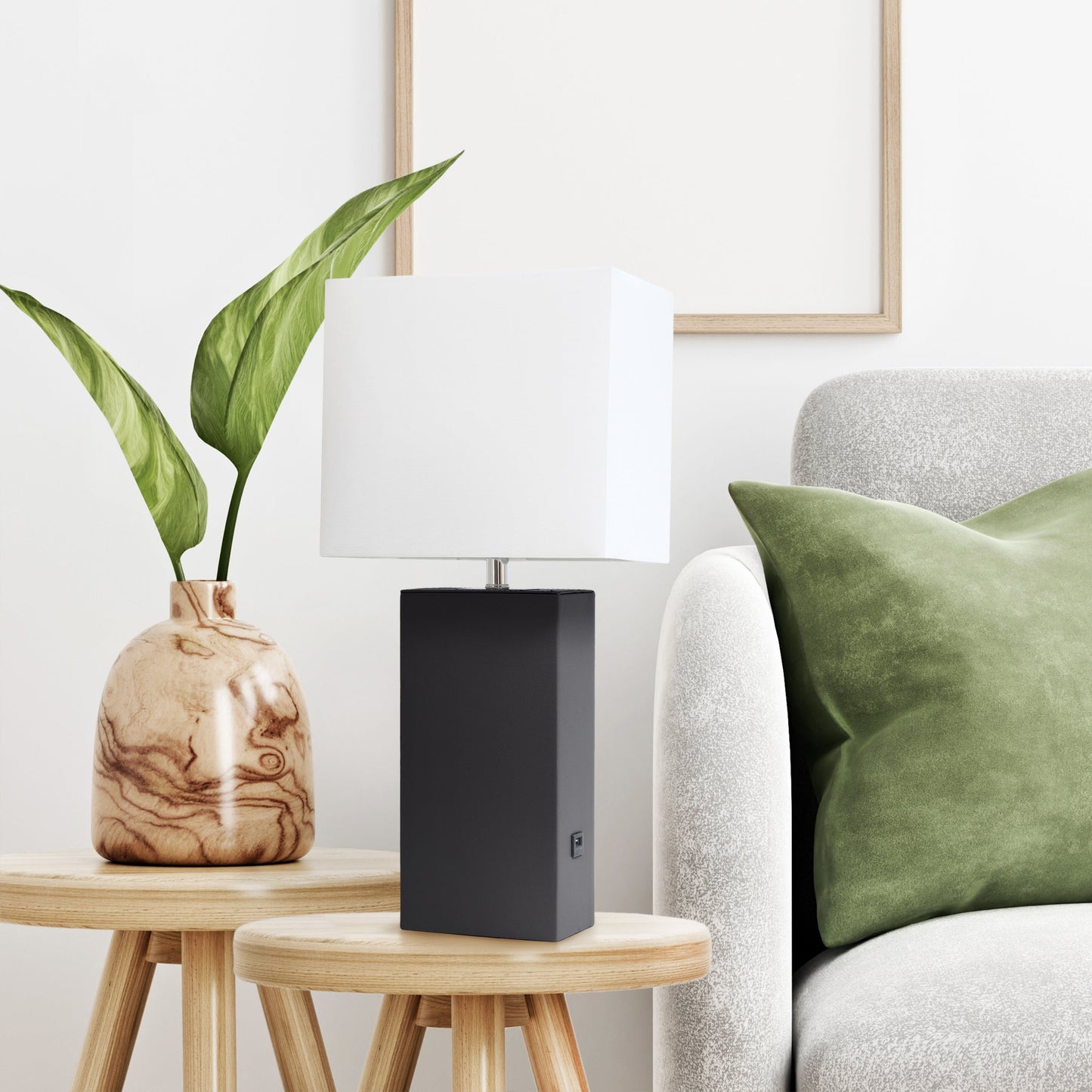 All The Rages Lalia Home Lexington 21" Black Leather Base Modern Home Décor Bedside Table Lamp With USB Charging Port