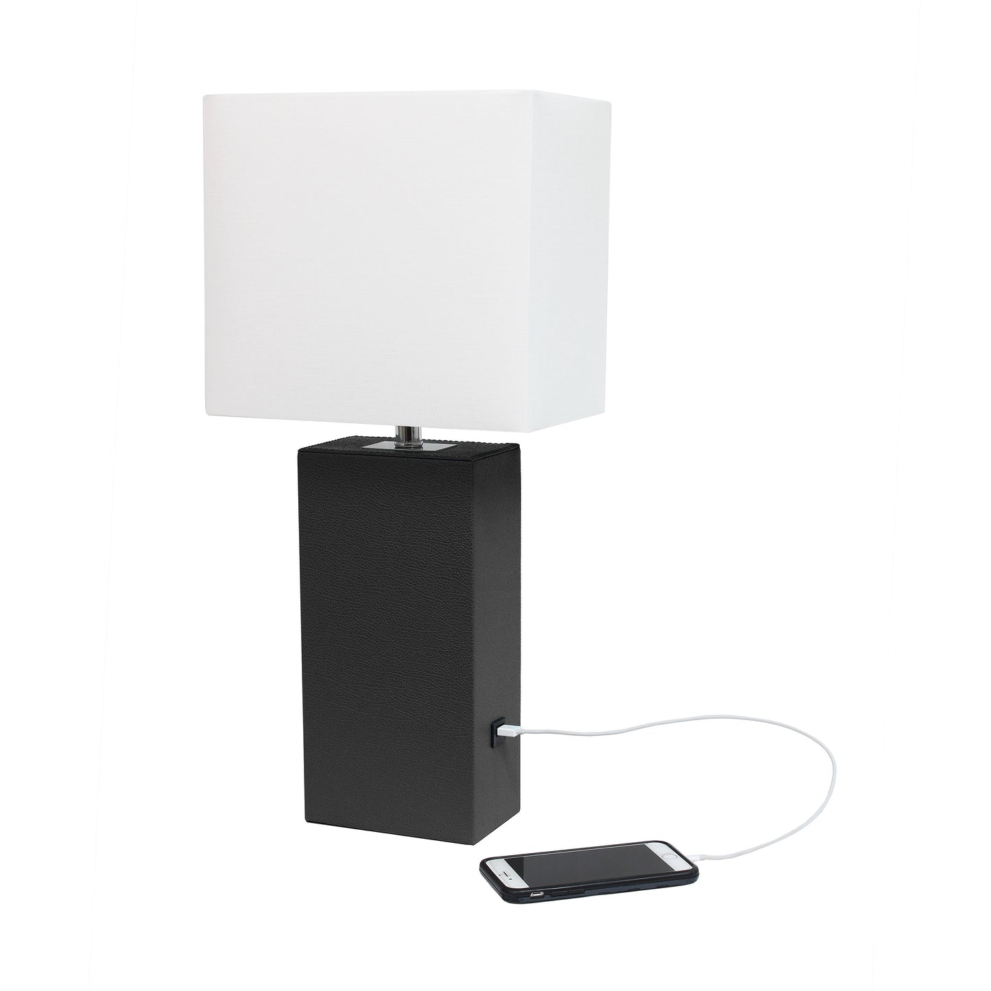 All The Rages Lalia Home Lexington 21" Black Leather Base Modern Home Décor Bedside Table Lamp With USB Charging Port