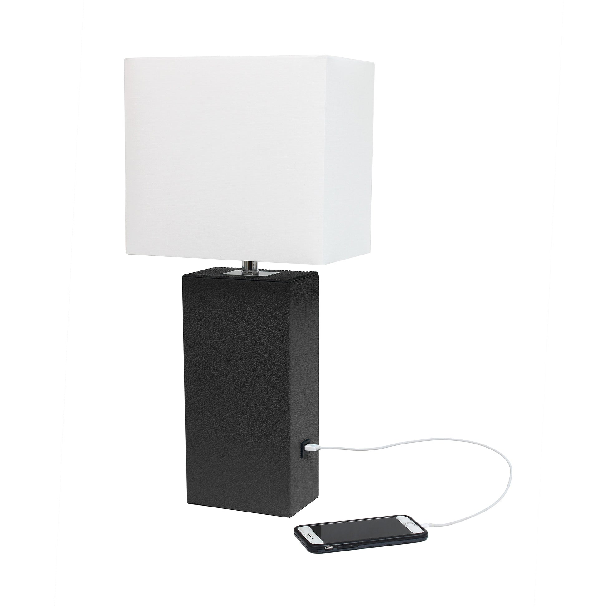All The Rages Lalia Home Lexington 21" Black Leather Base Modern Home Décor Bedside Table Lamp With USB Charging Port