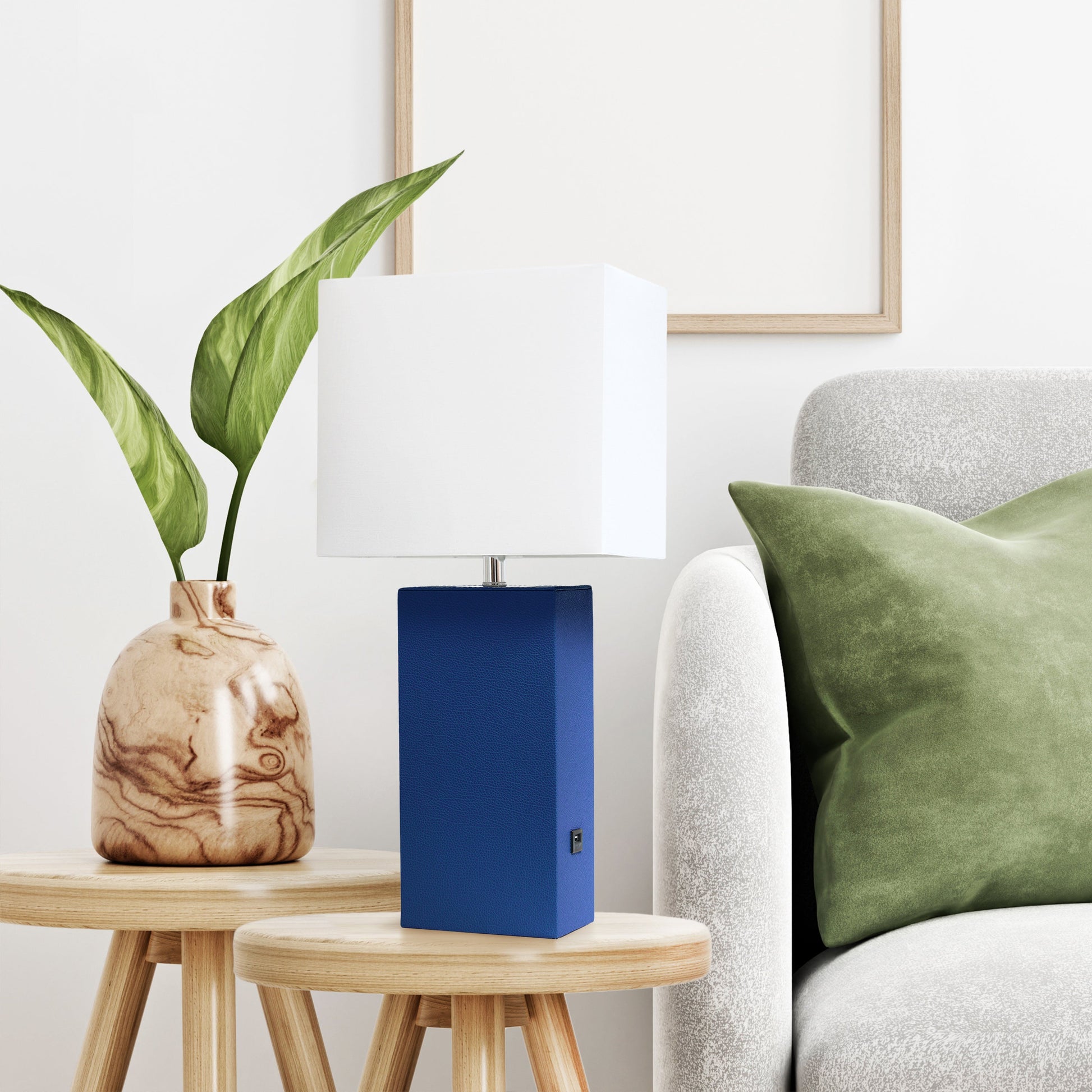 All The Rages Lalia Home Lexington 21" Blue Leather Base Modern Home Décor Bedside Table Lamp With USB Charging Port