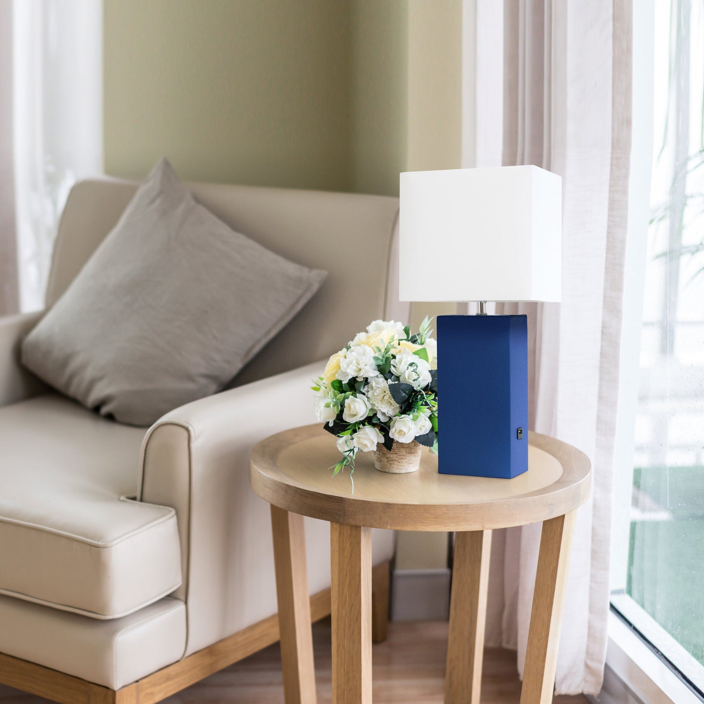 All The Rages Lalia Home Lexington 21" Blue Leather Base Modern Home Décor Bedside Table Lamp With USB Charging Port