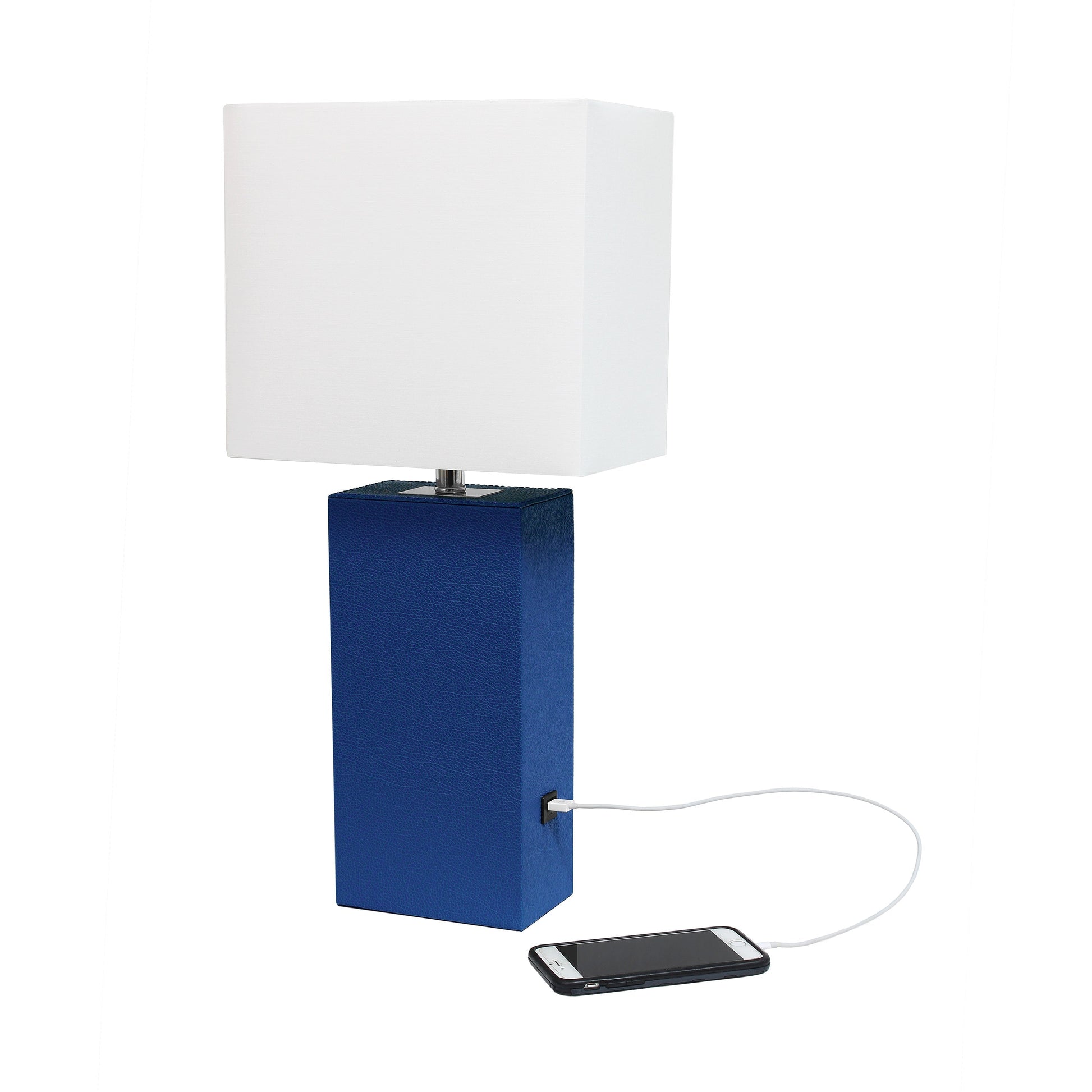 All The Rages Lalia Home Lexington 21" Blue Leather Base Modern Home Décor Bedside Table Lamp With USB Charging Port